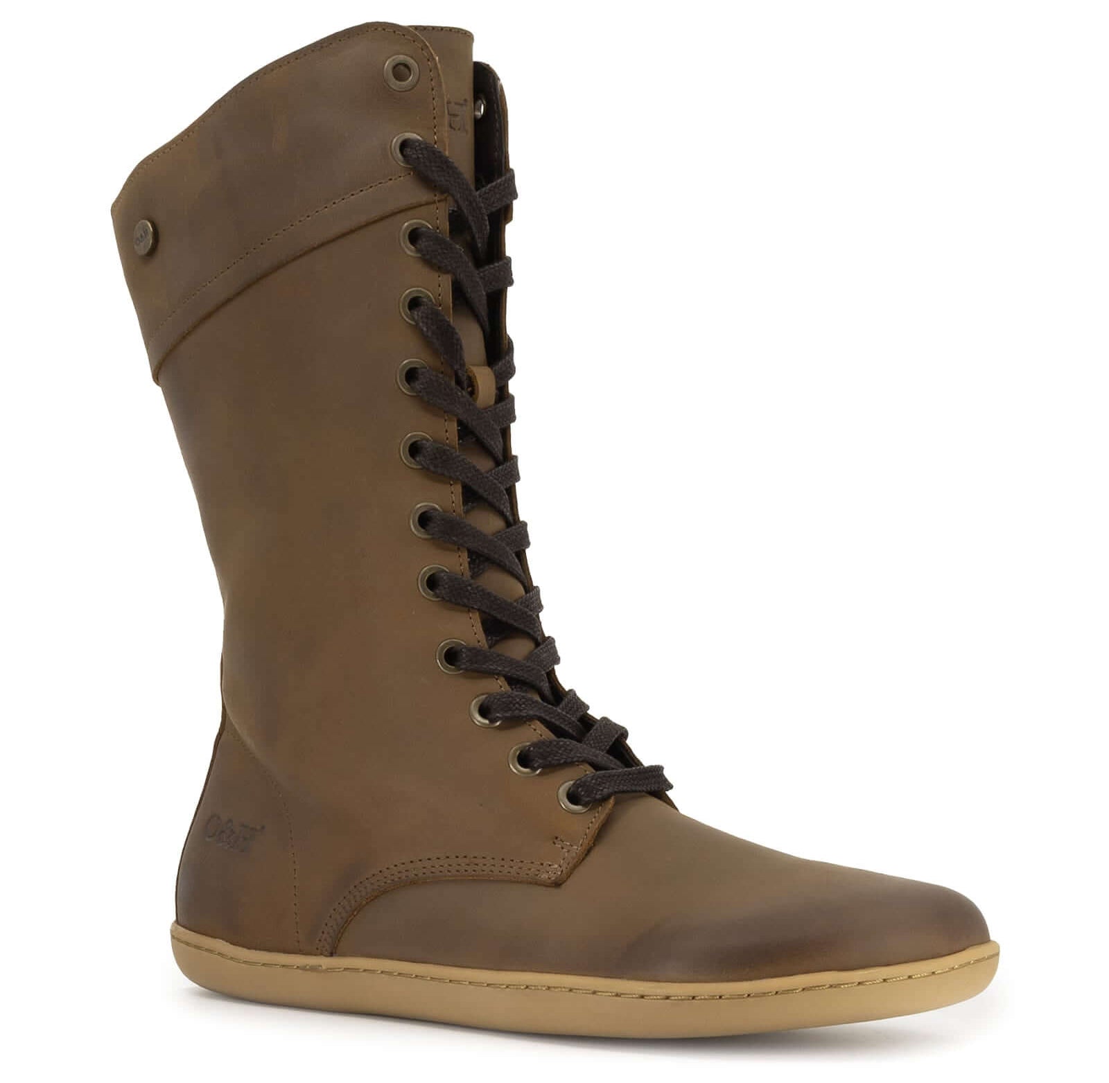 Brown leather boot with lace-up design on a white background