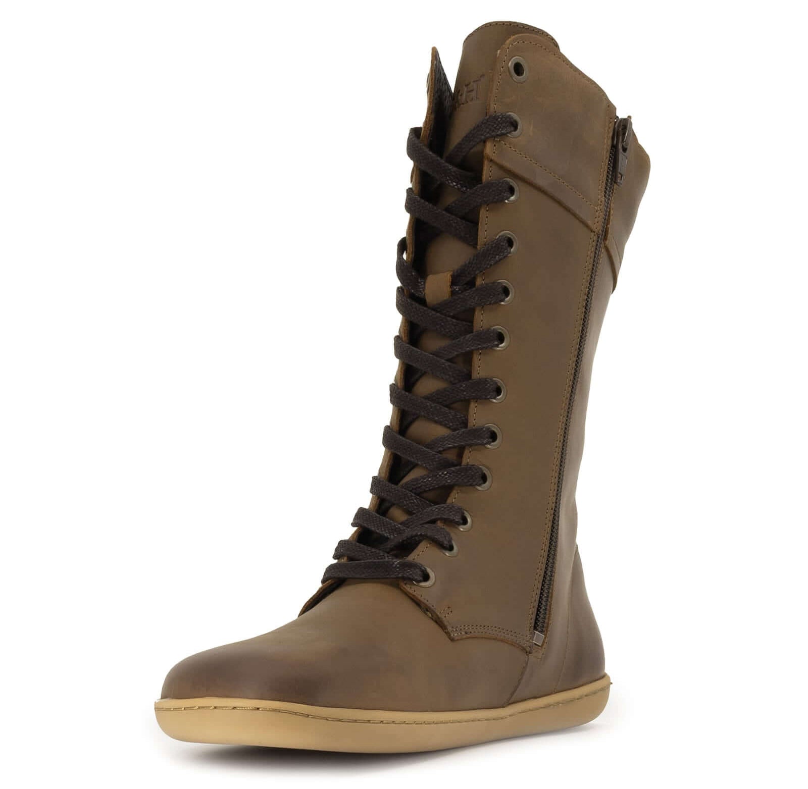 Brown leather boot with dark brown laces and zip on a white background