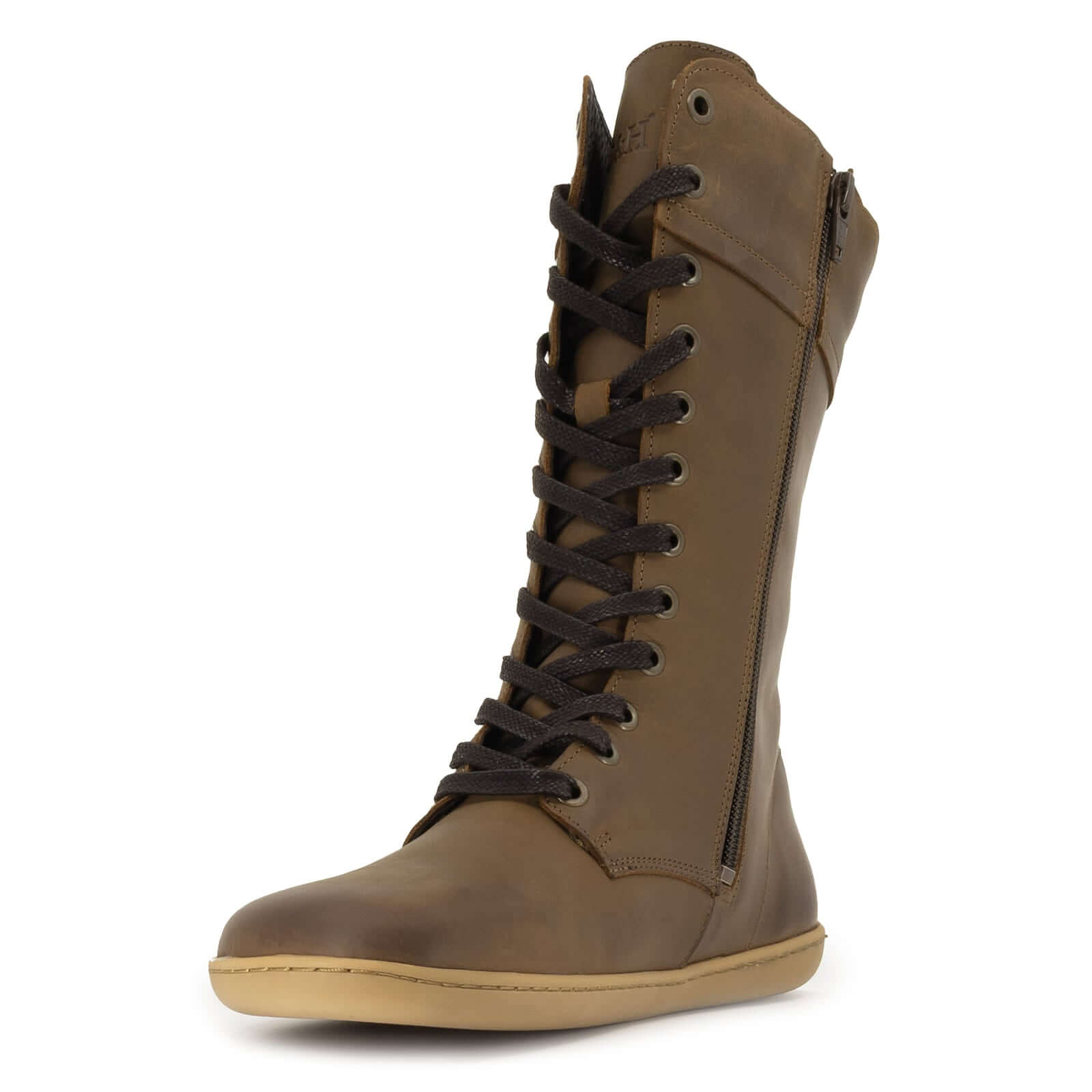 Brown leather boot with dark brown laces and zip on a white background