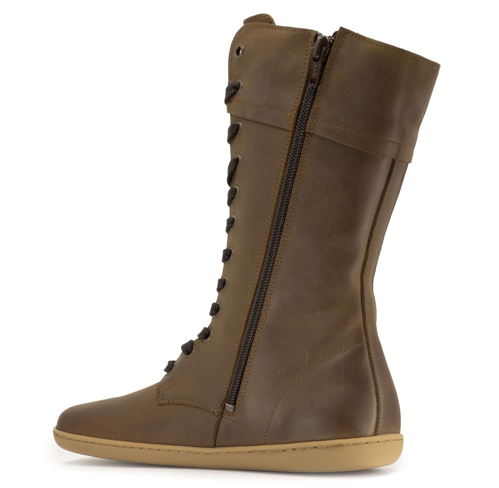 Brown leather barefoot boot with zipper on a white background