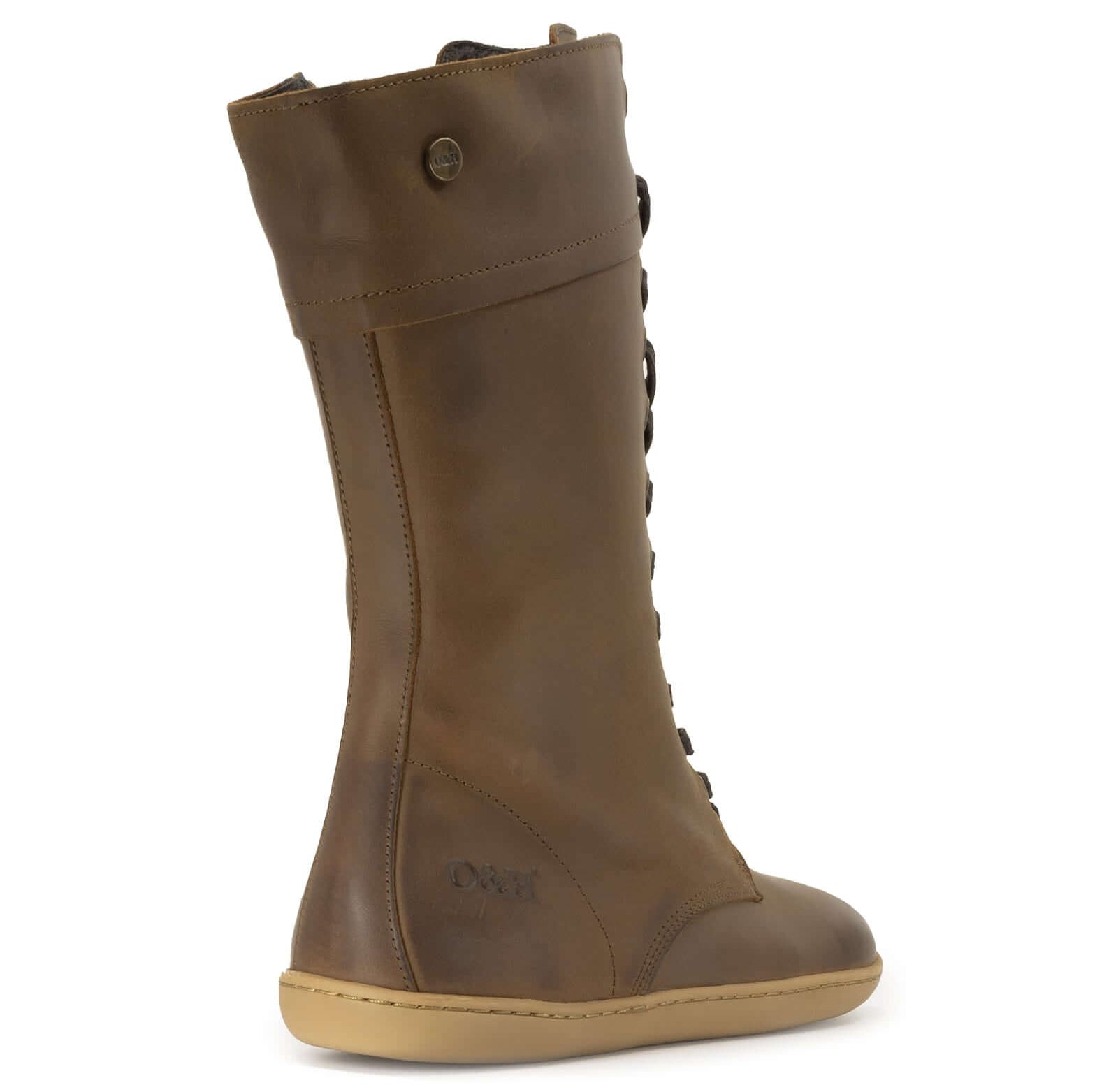 Brown leather barefoot boot with gum outsole on a white background