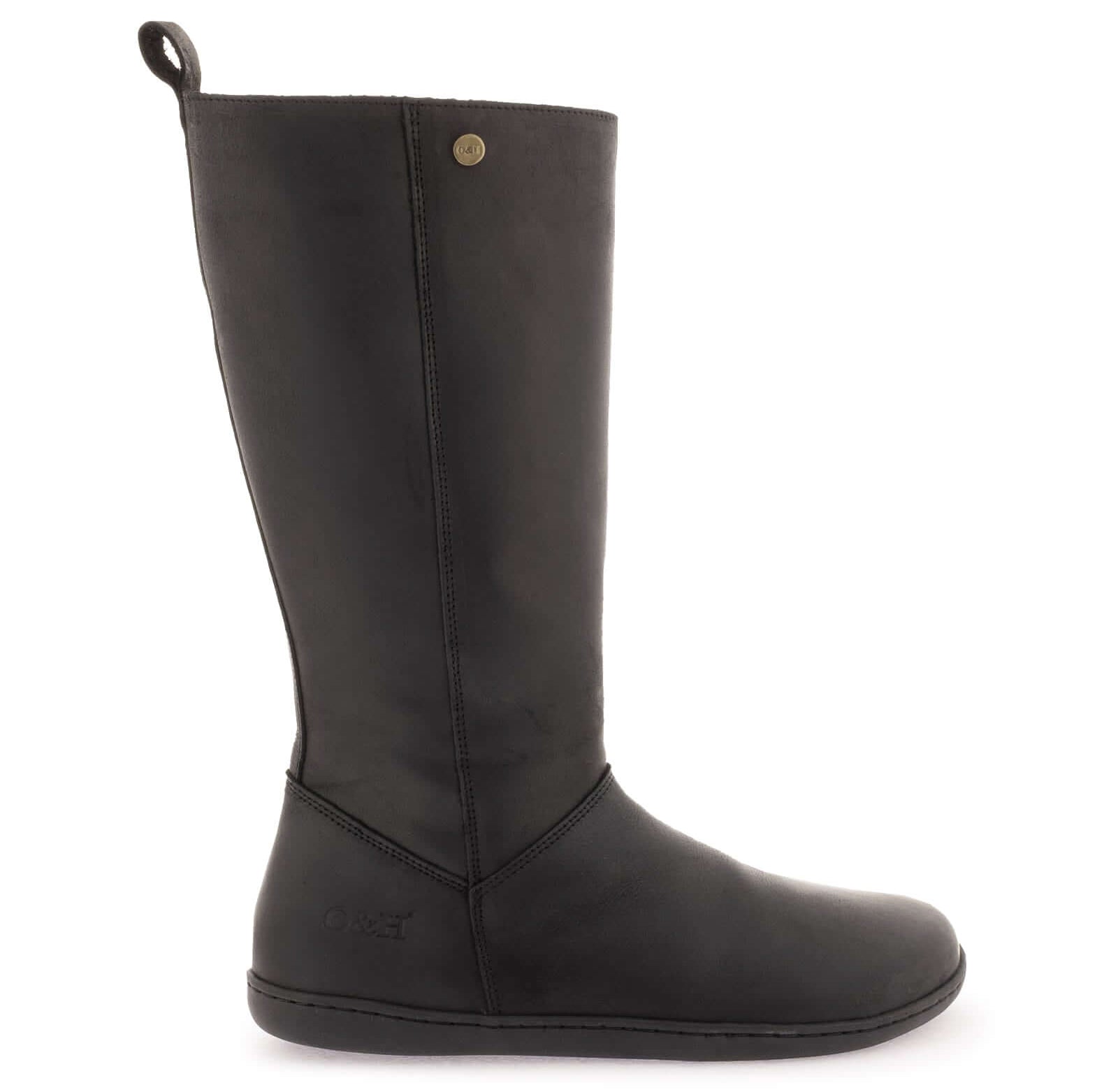 Black mid calf barefoot boot on a white background