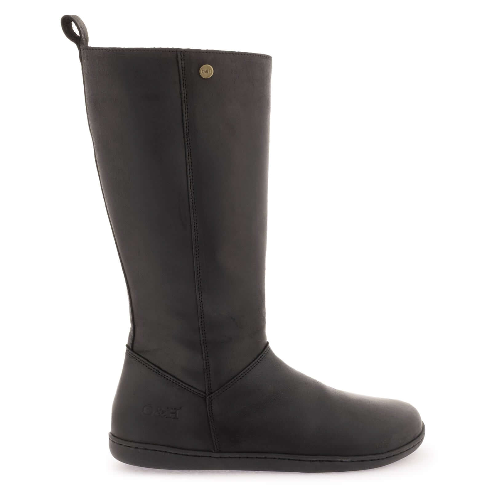 Black mid calf barefoot boot on a white background