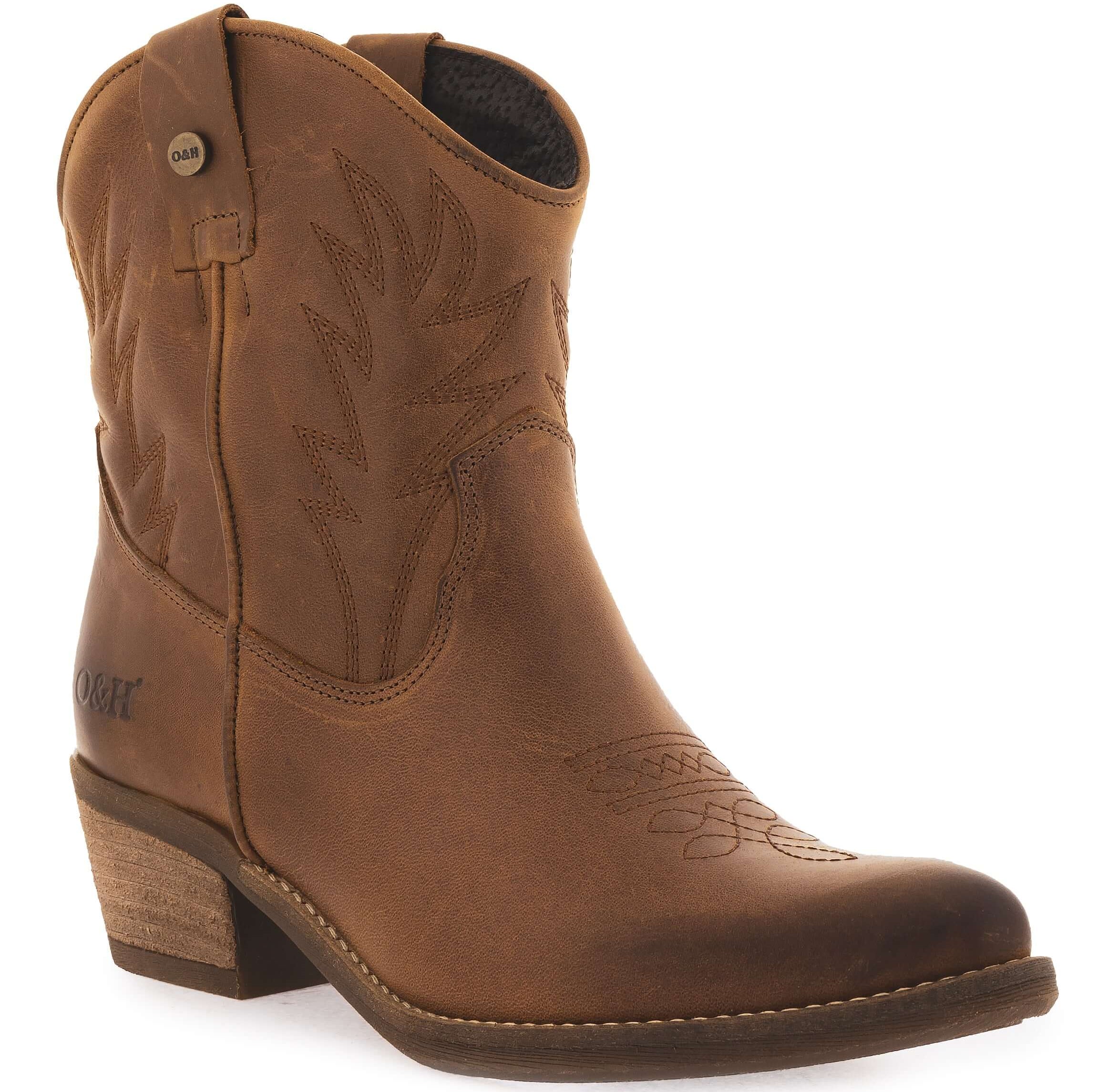 view of texan ankle boots in tan from the side showing toe and stitching