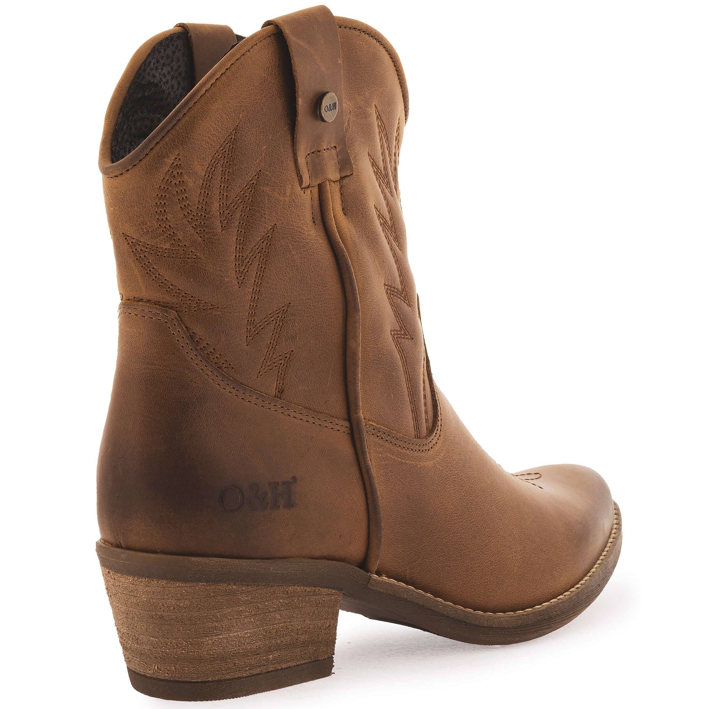 view of texan ankle boots from the back of the boot showing the branding and heel