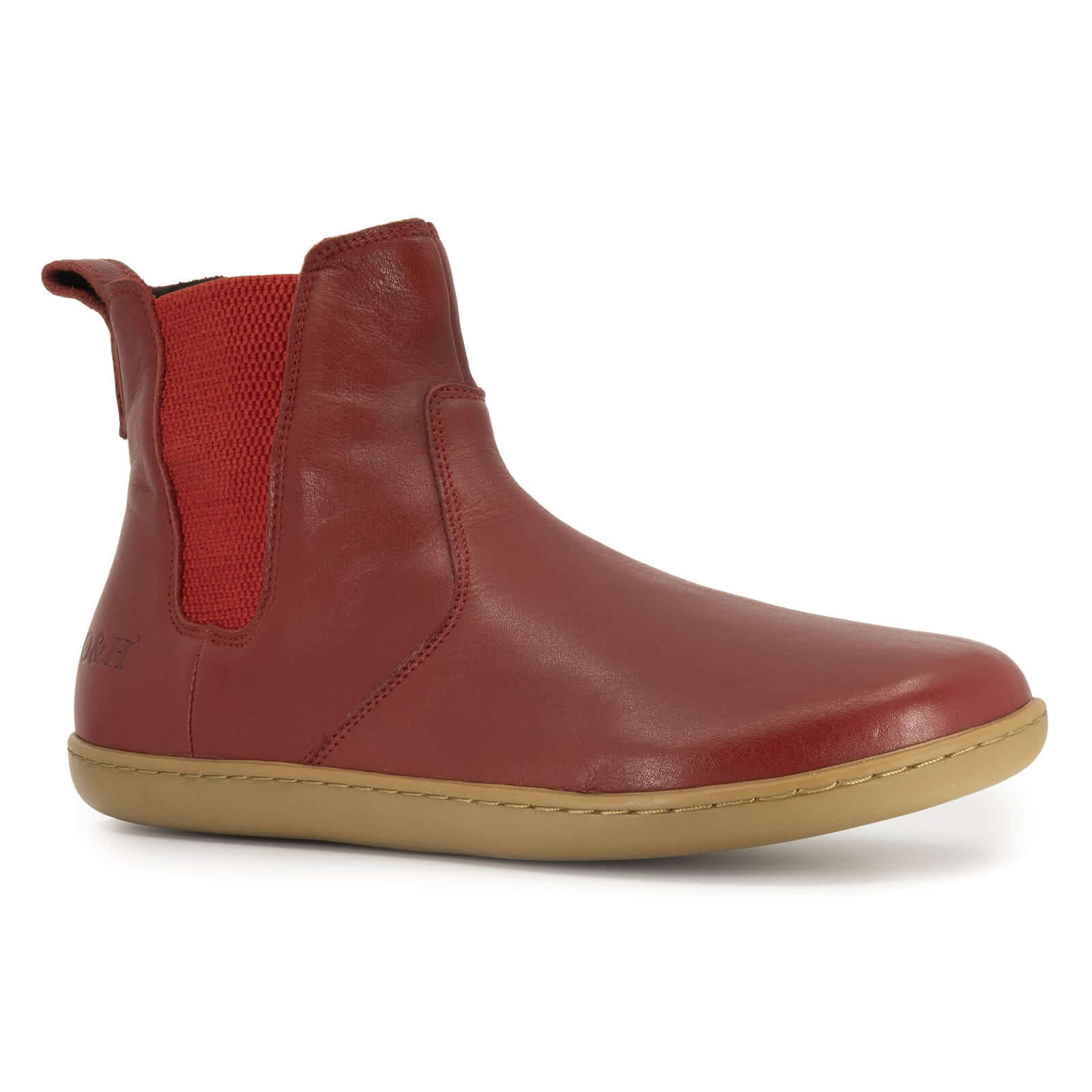 side angled view of willow 2 red barefoot Chelsea boots showing red leather upper