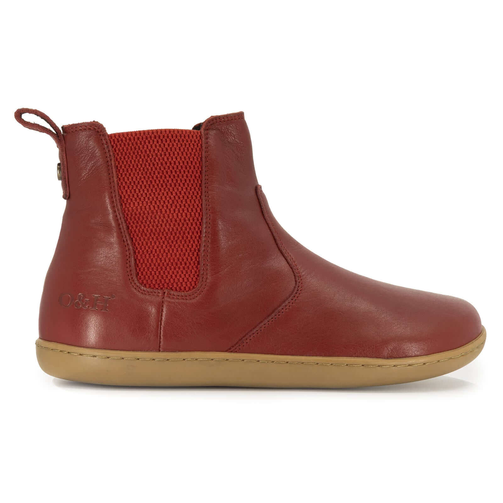 side profile view of willow 2 in red showing leather upper and elastic gussets