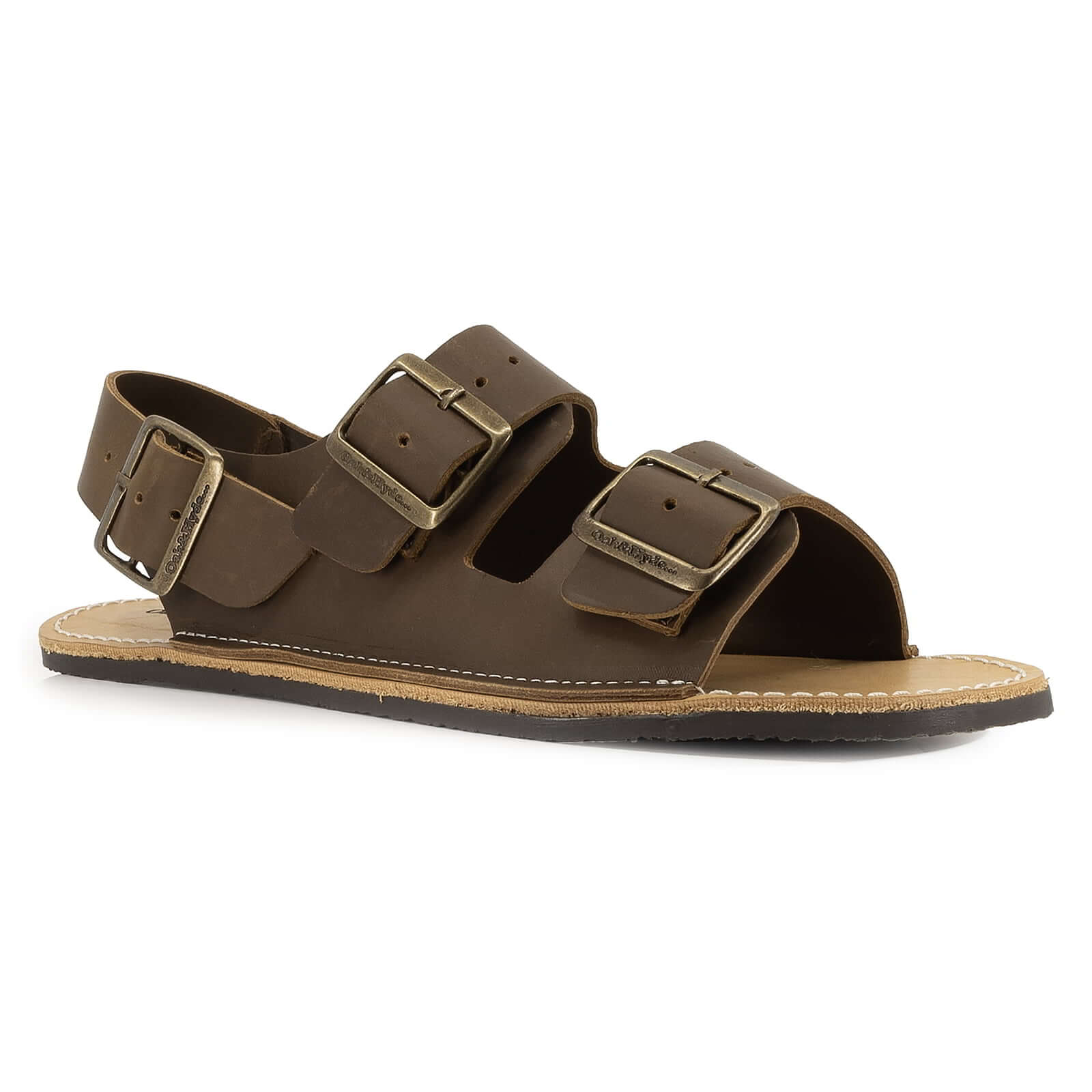 side angled view of mens acacia back strap barefoot sandals in brown showing leather upper