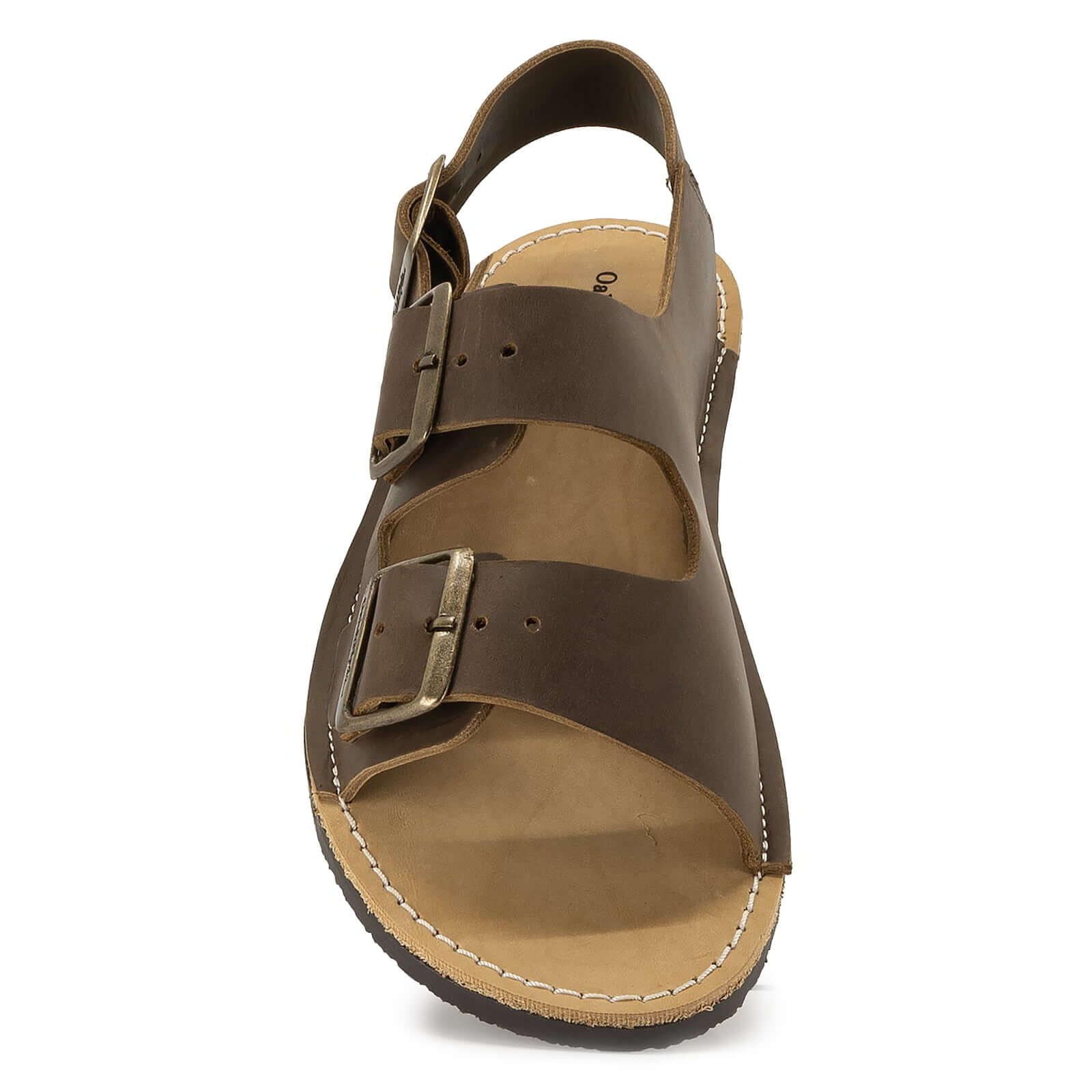 top down view of mens acacia back strap barefoot sandals in brown showing toe shape