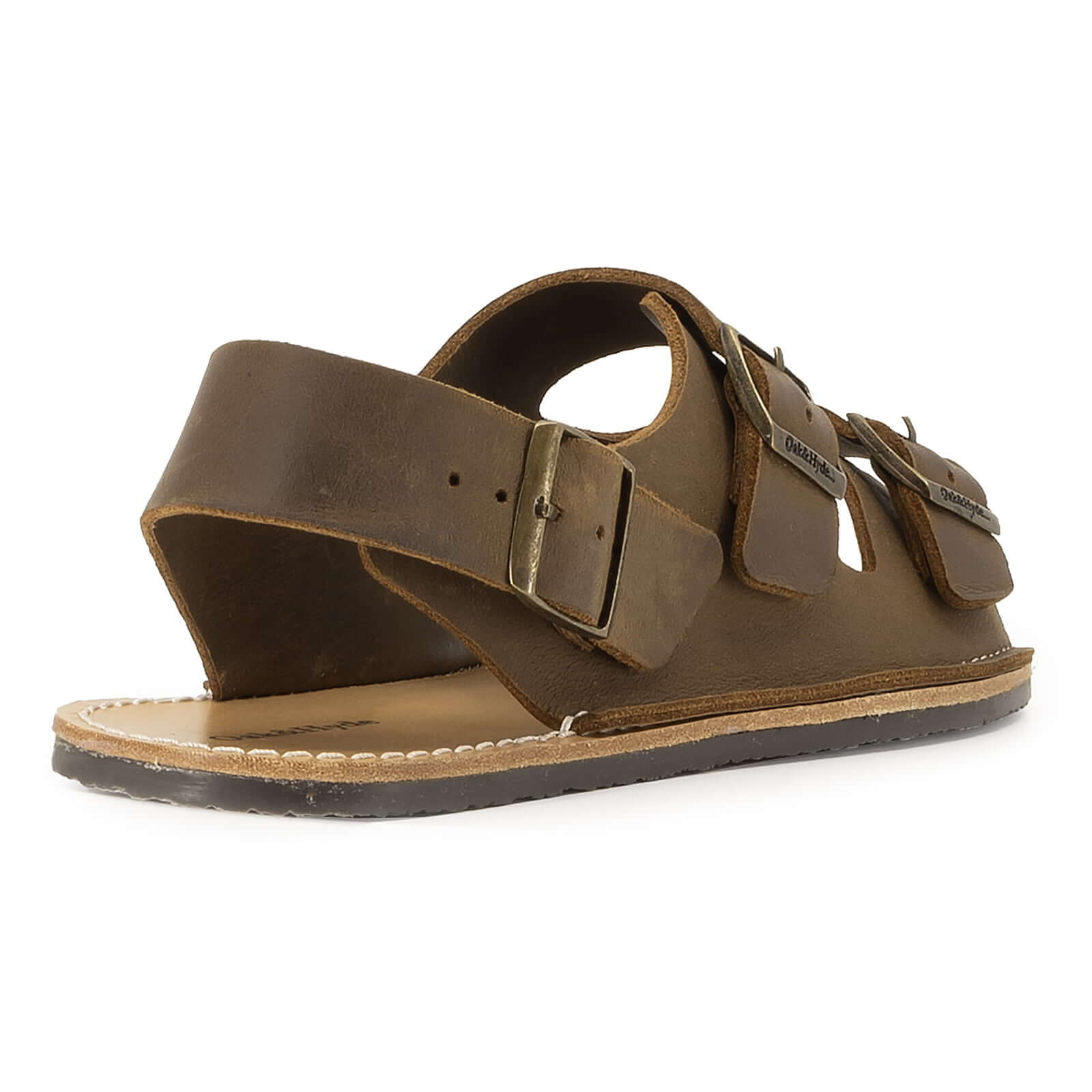 heel view of mens acacia back strap sandals in brown showing heel strap and foot entry area