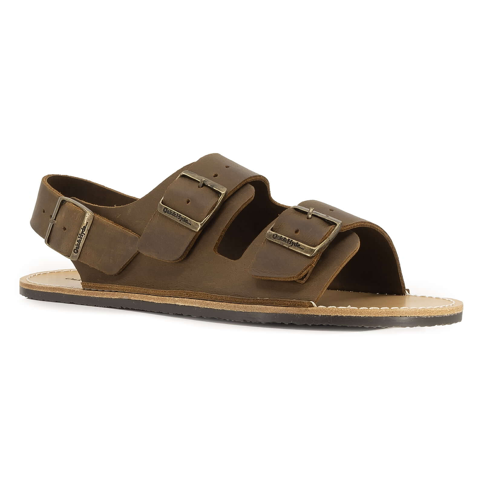 side angled view of mens acacia back strap barefoot sandals in brown showing leather upper
