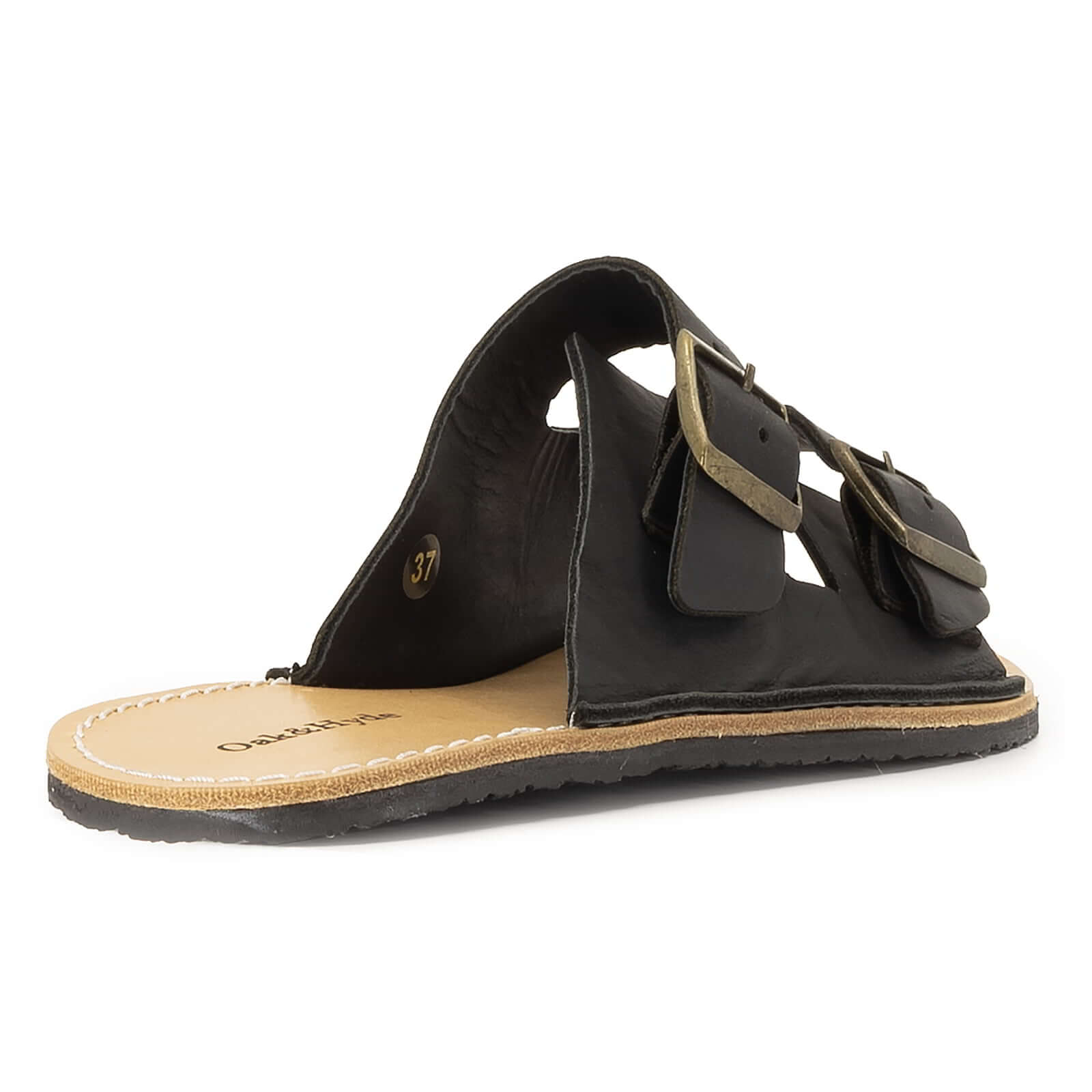 rear view of acacia sandals in black showing slip on design and leather insole cover