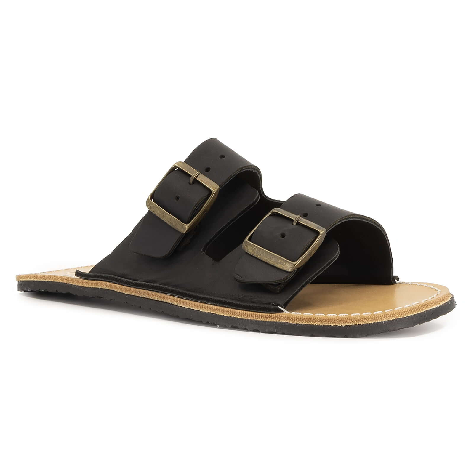 side angled view of acacia barefoot sandals in black showing styling and open toe design