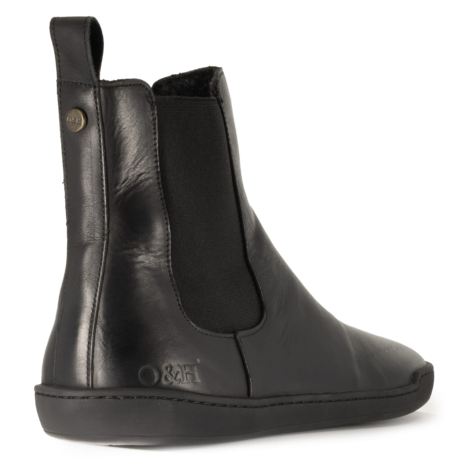 rear view image of black barefoot chelsea boots showing O&H branding on heel and brass pin