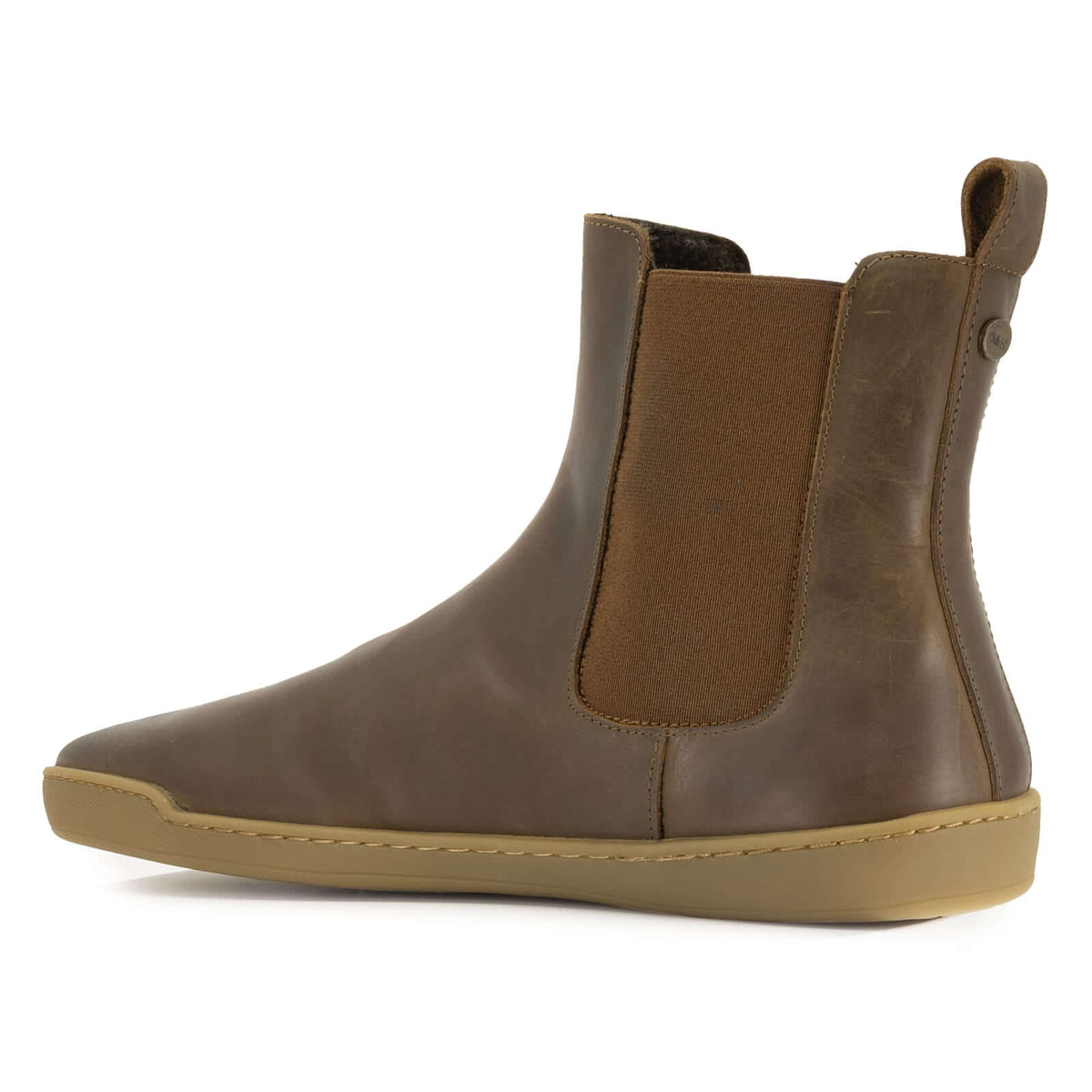 brown leather barefoot boots showing heel pull tab and O&H brass pin on white background