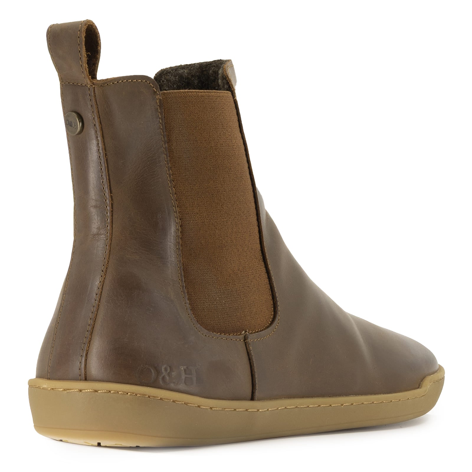 brown leather boots showing O&H branding on heel and brass pin on back of boots