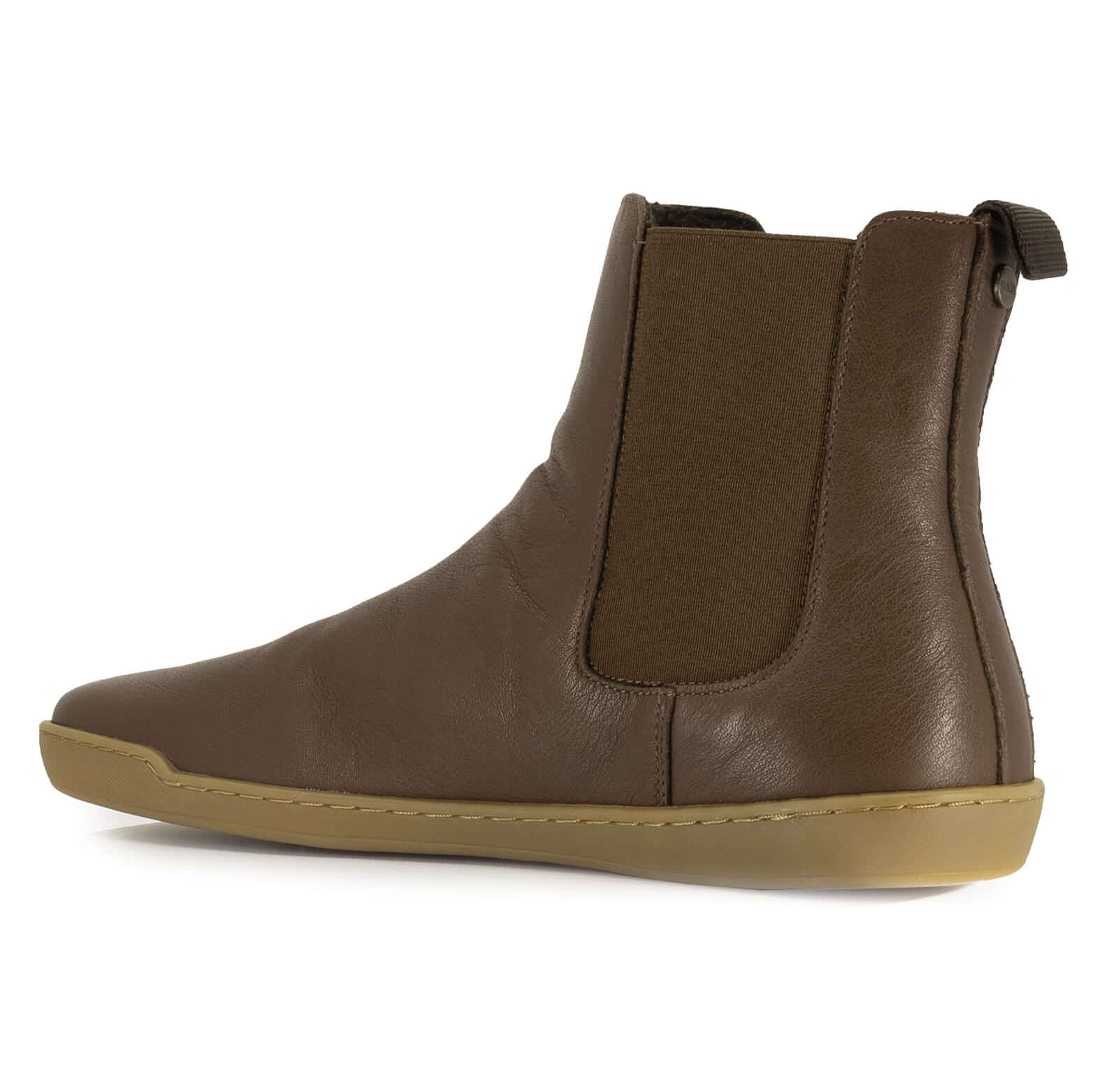 inside view of brown barefoot chelsea boots showing leather upper and gum outsole