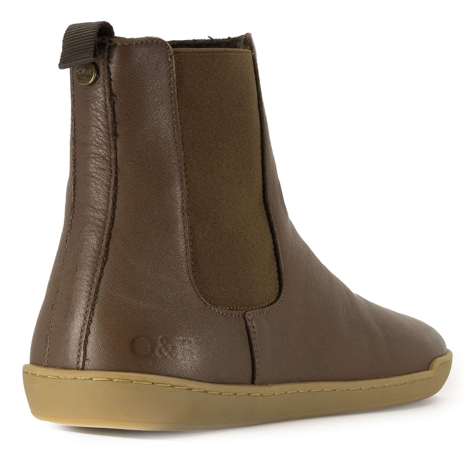 rear view of brown barefoot chelsea boots showing O&H branding on heel and pull tab