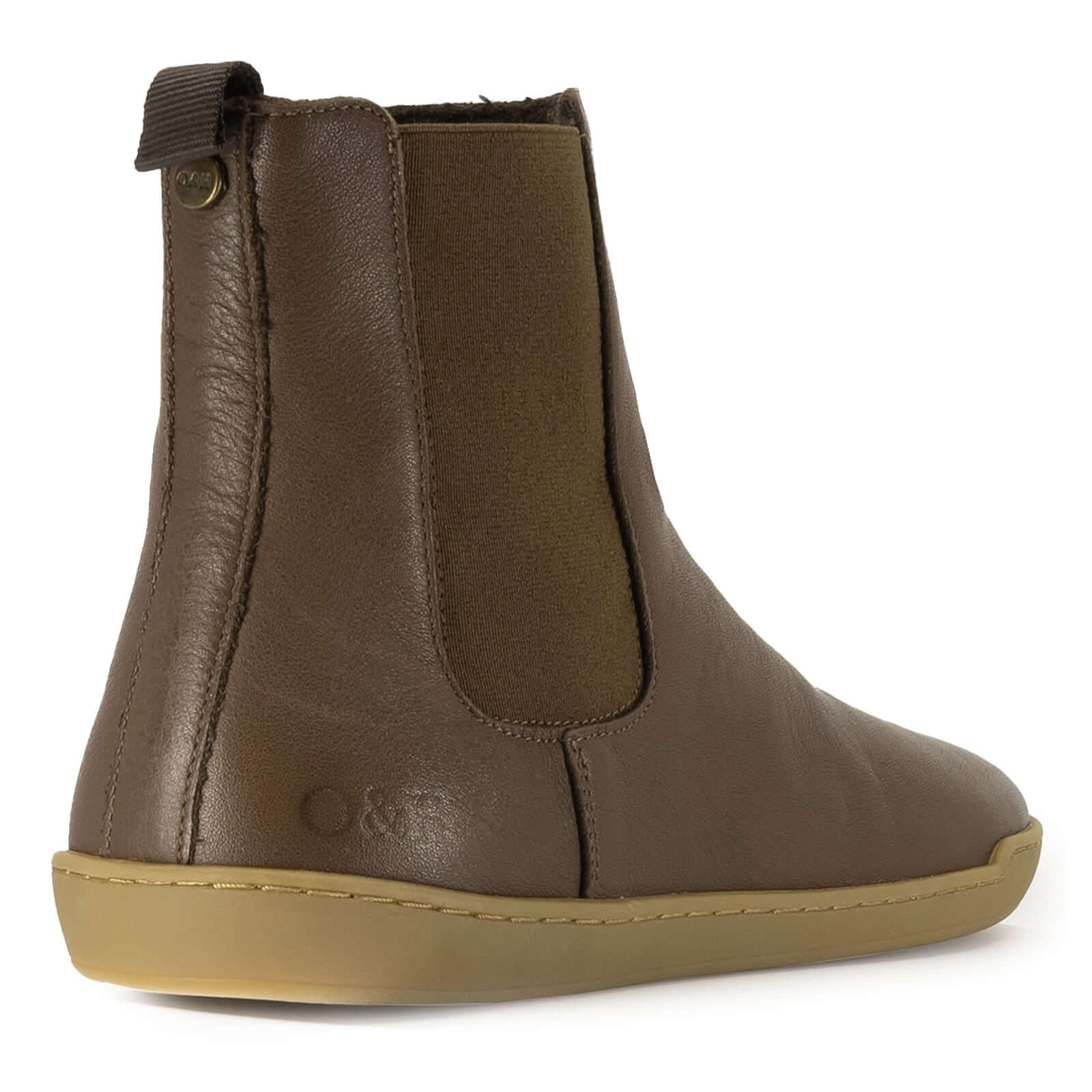 rear view of brown barefoot chelsea boots showing O&H branding on heel and pull tab