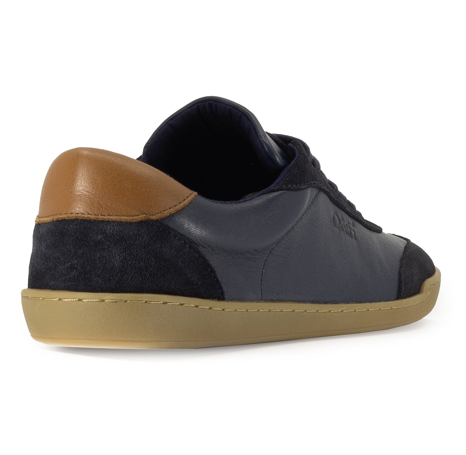 rear view of dark blue aspen trainers showing contrast heel panel and suede detail