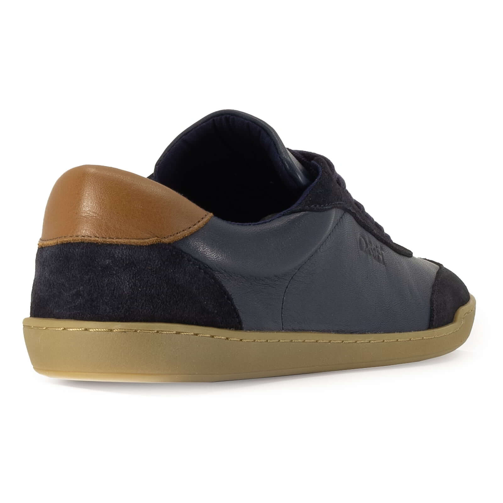 rear view of dark blue aspen trainers showing contrast heel panel and suede detail