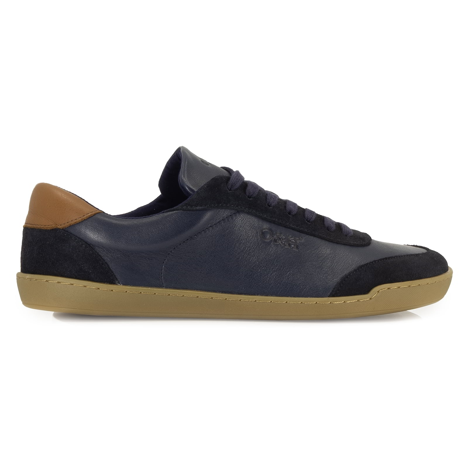 Side profile view of dark blue aspen barefoot trainers showing leather and suede upper