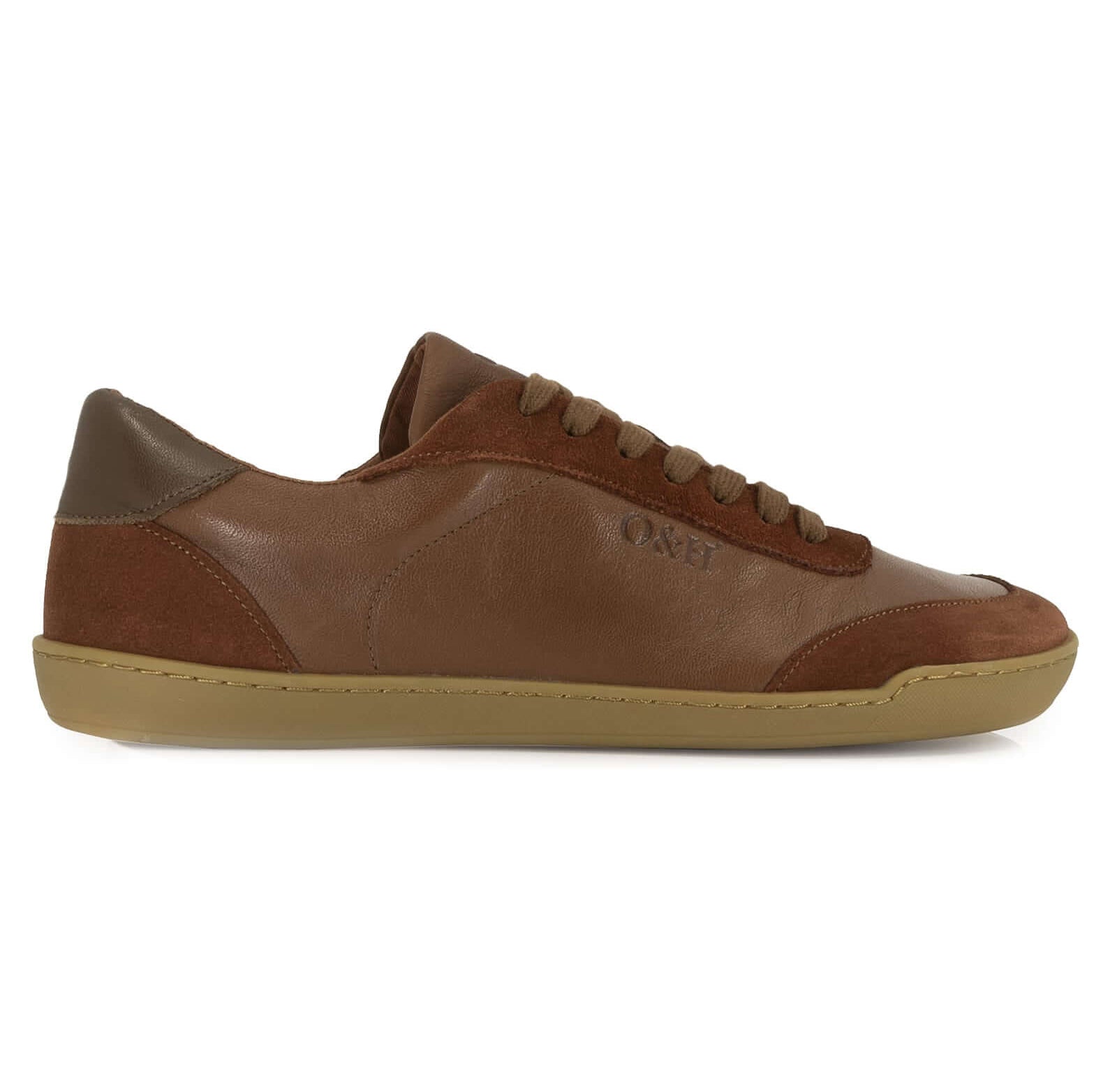 side profile of mens aspen barefoot trainers in tan showing O&H logo