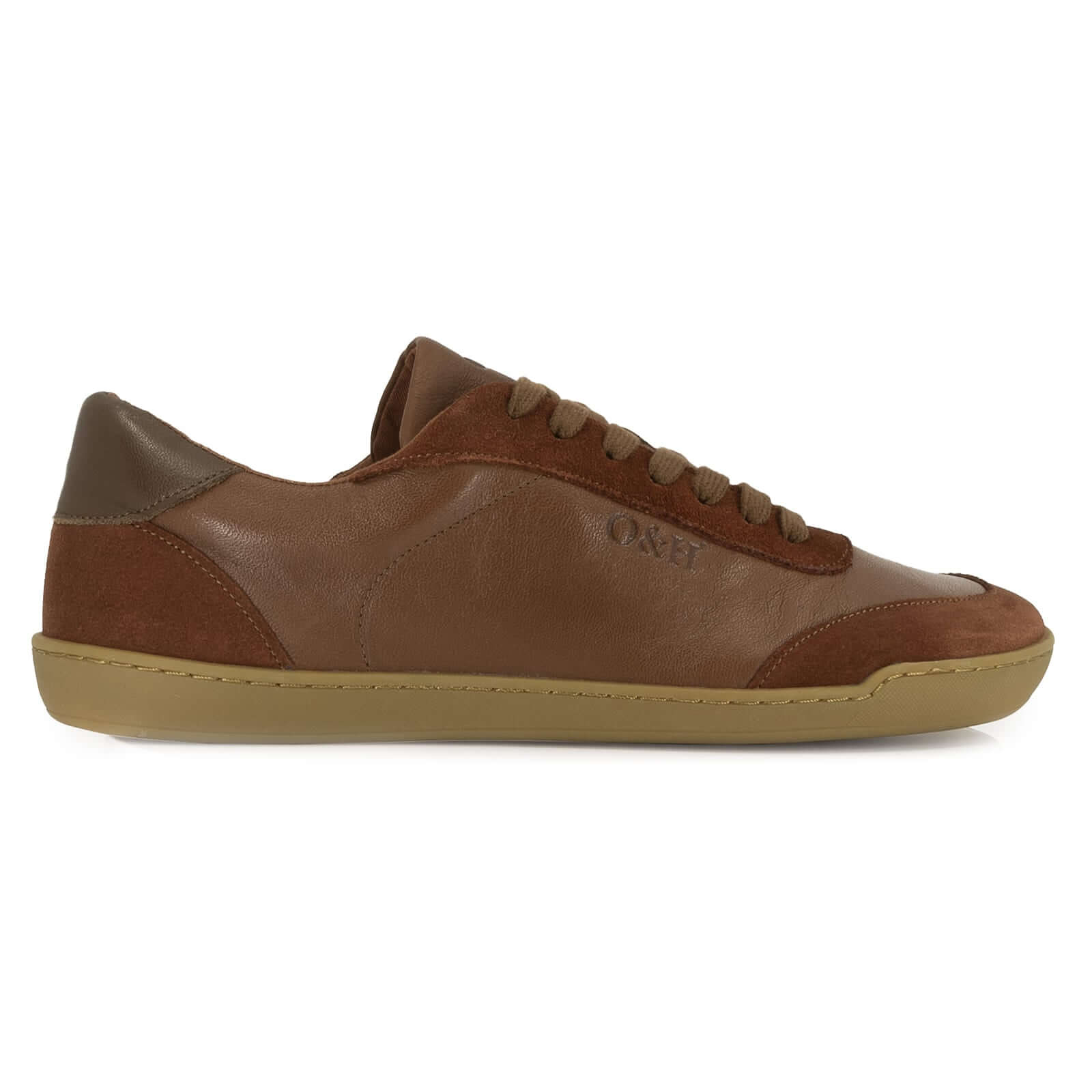 side profile of mens aspen barefoot trainers in tan showing O&H logo