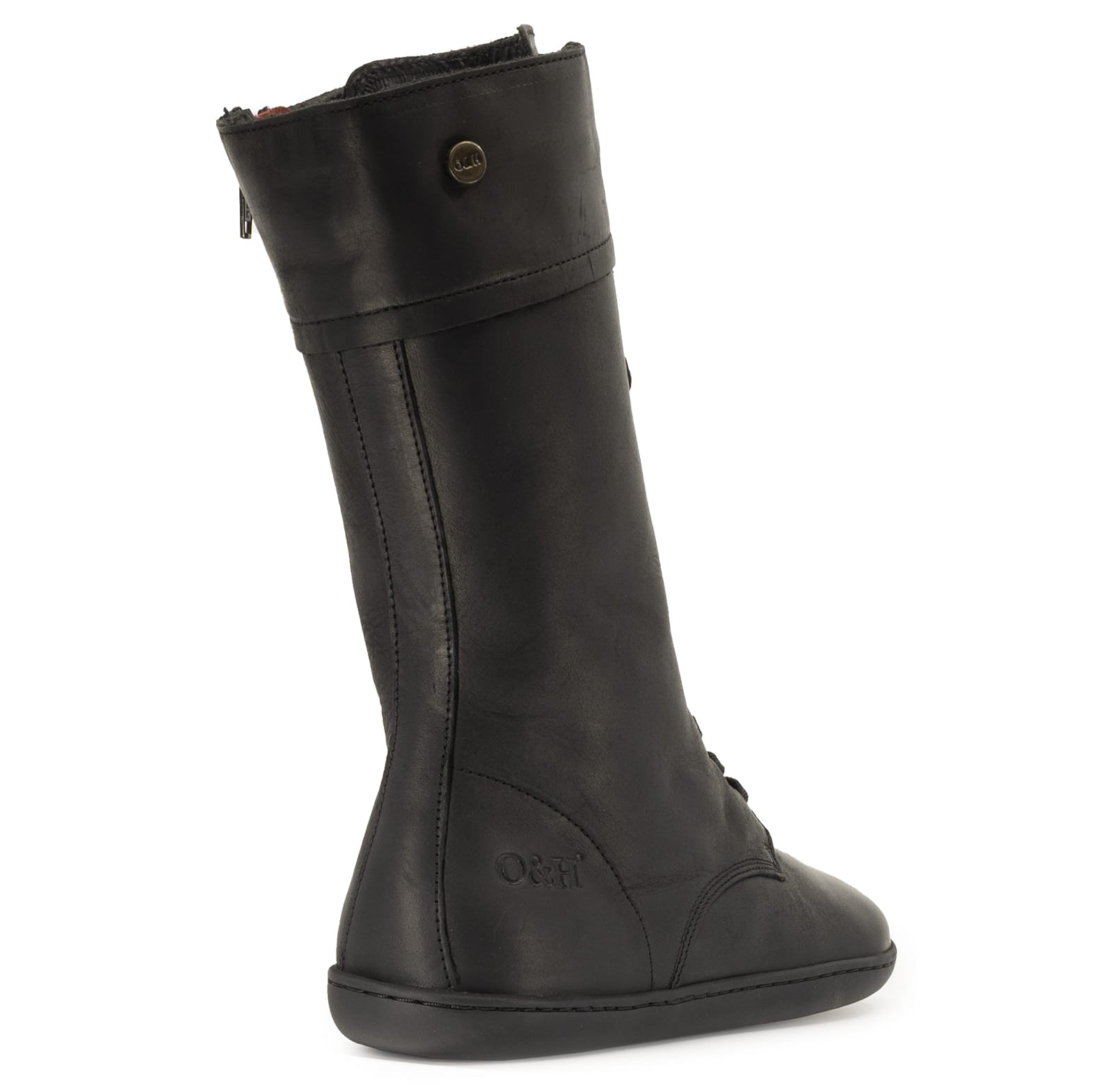 heel view of beec 12 barefoot boots showing stitch detailing and leather upper