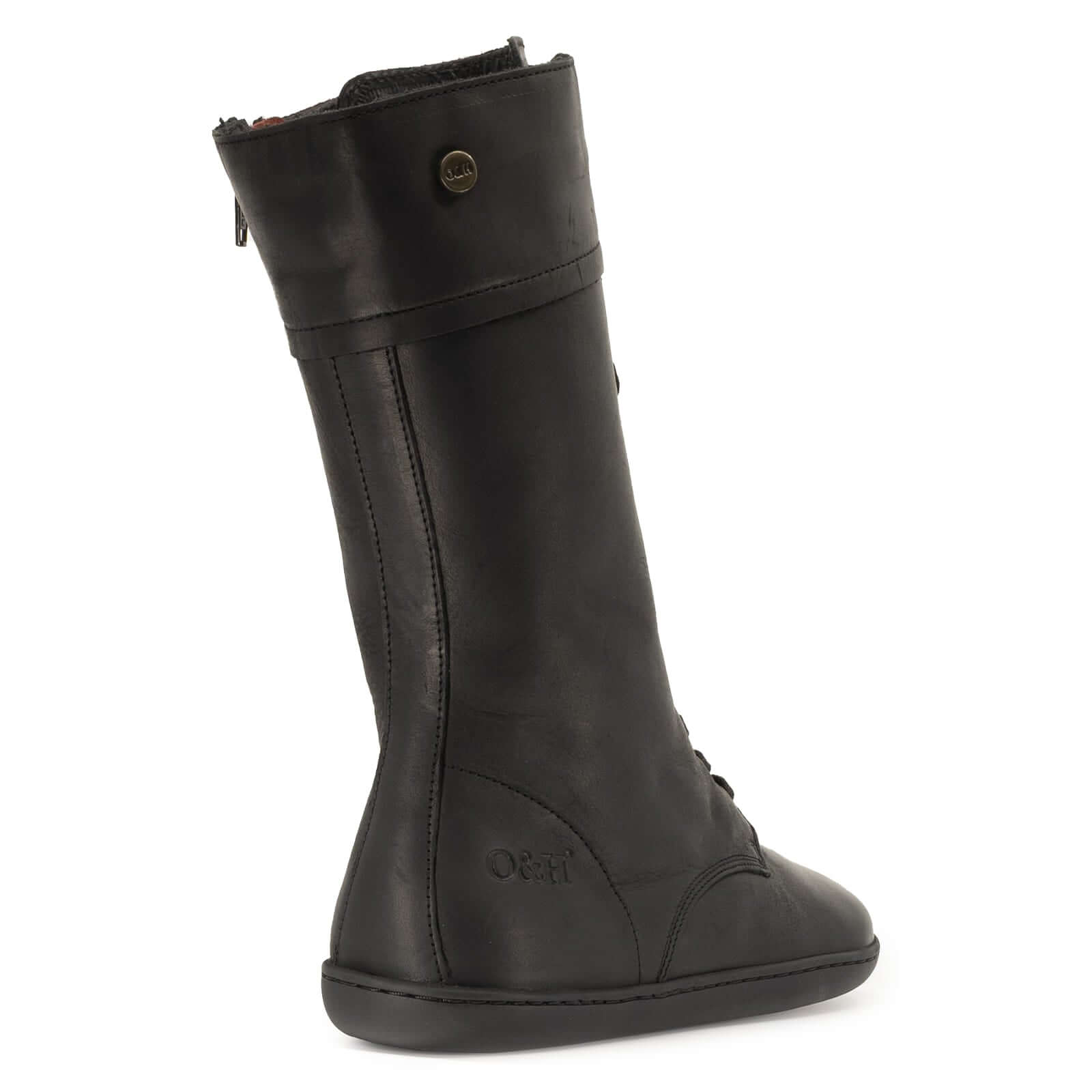 heel view of beec 12 barefoot boots showing stitch detailing and leather upper