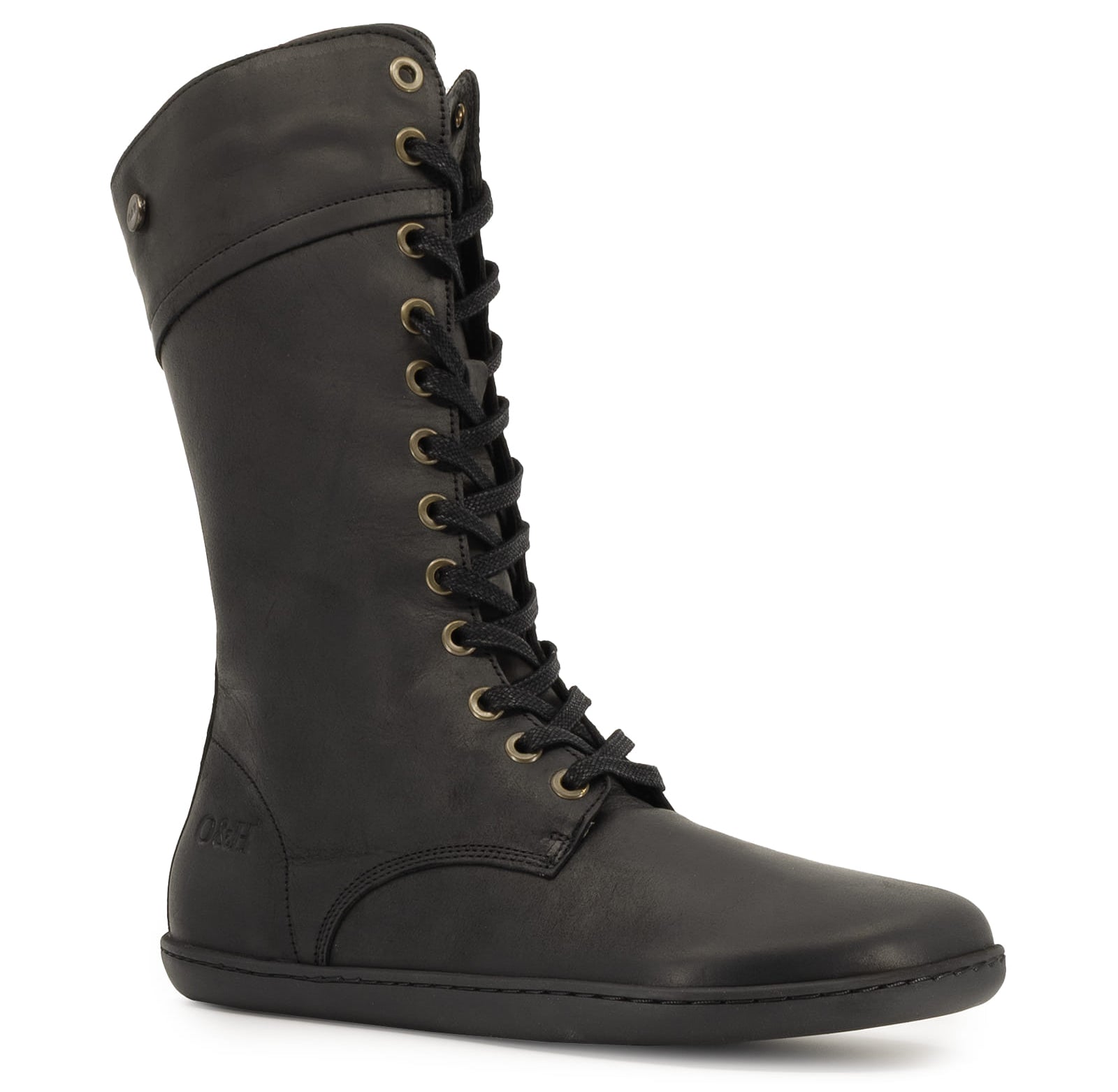 angled view of beech 12 barefoot boots in black showing front lace on white background