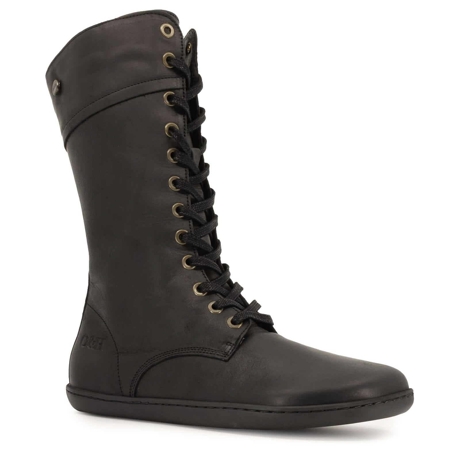 angled view of beech 12 barefoot boots in black showing front lace on white background