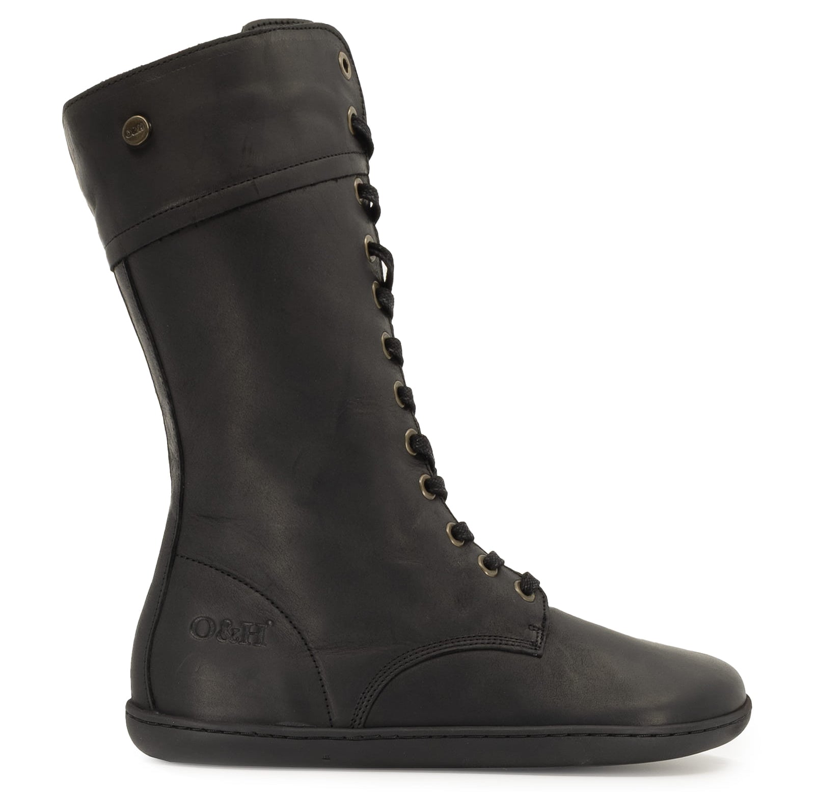 side profile view of beech 12 barefoot boots showing O&H heel logo