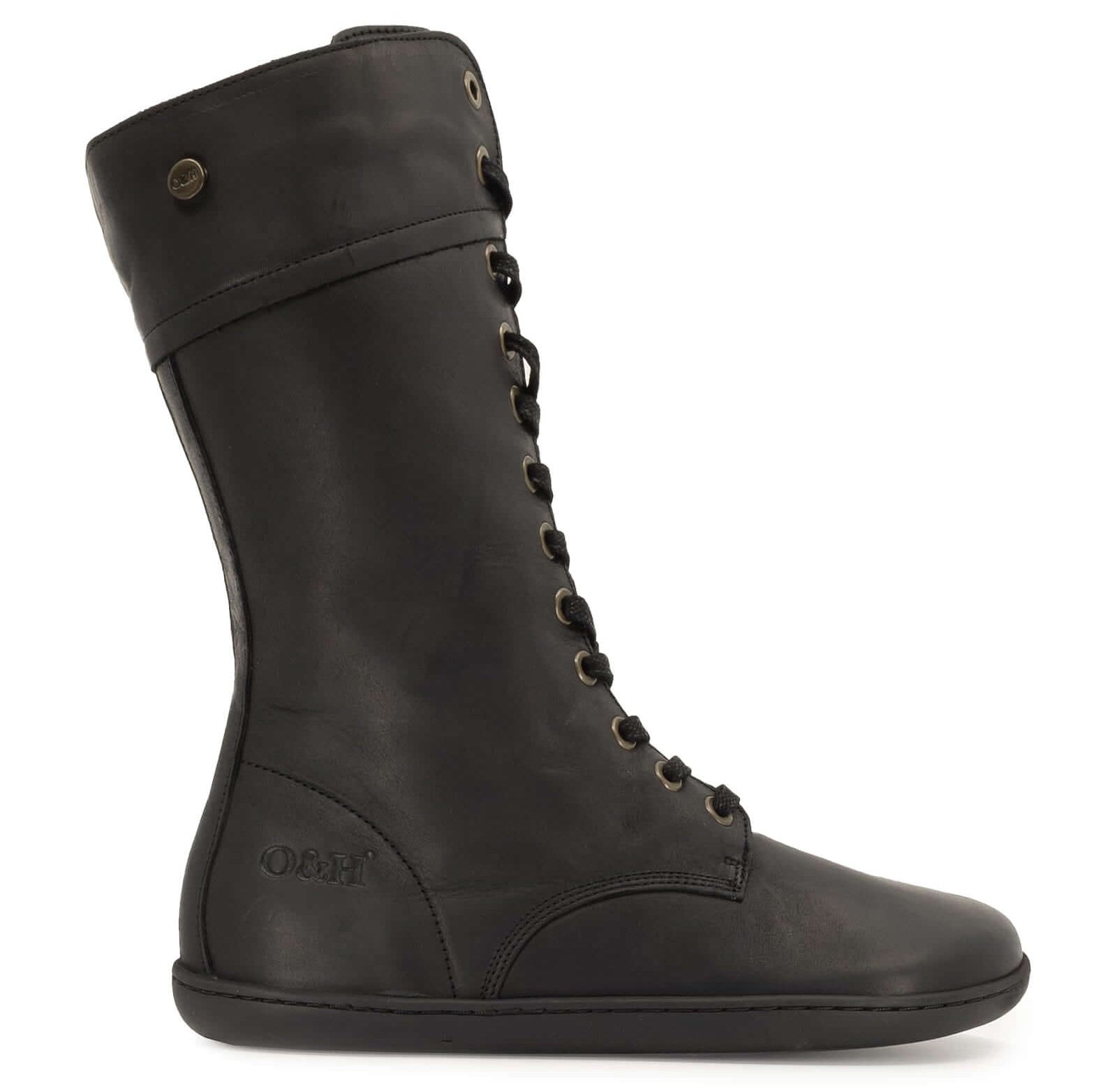 side profile view of beech 12 barefoot boots showing O&H heel logo