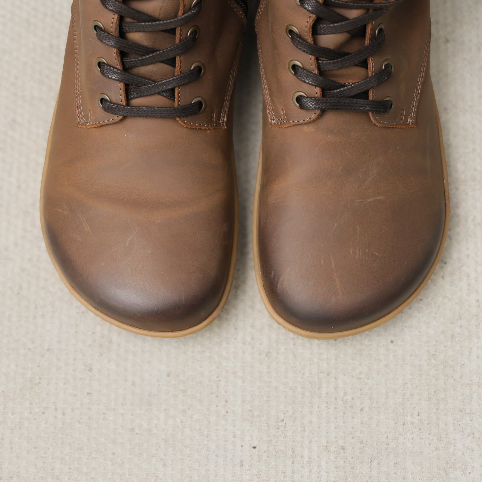 top down view of toe shape of beech 12 brown barefoot boots