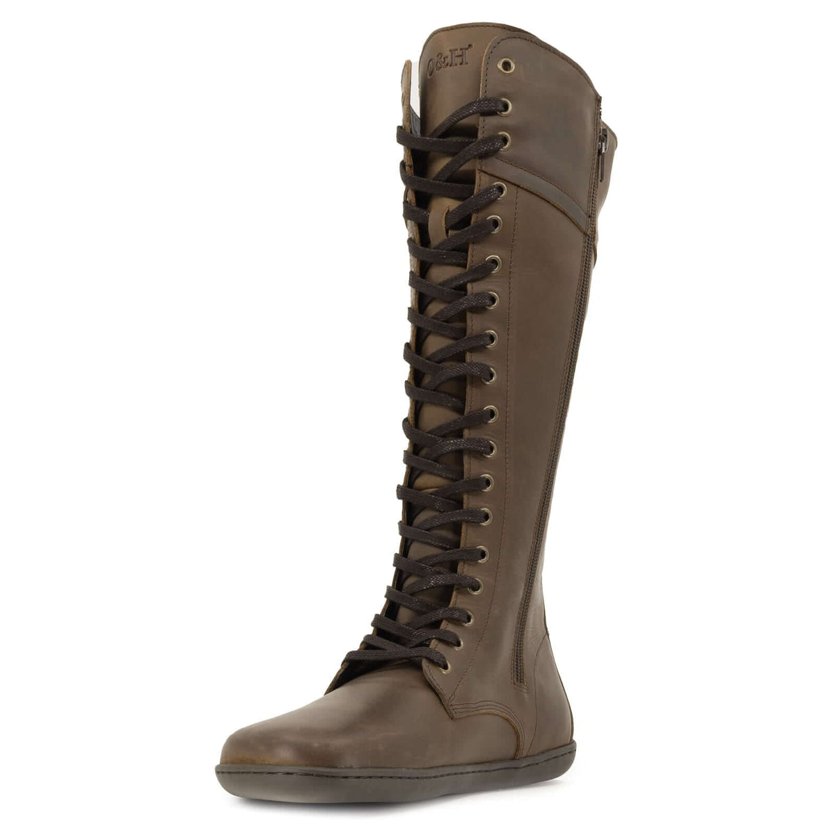 brown tall barefoot boots with full front lace and showing inside zip on white background