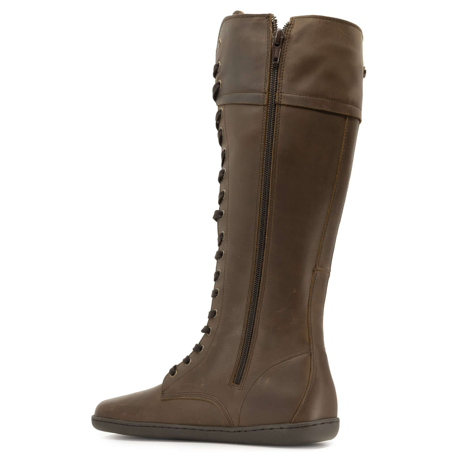 full view of inside zip of tall brown barefoot boots on white background