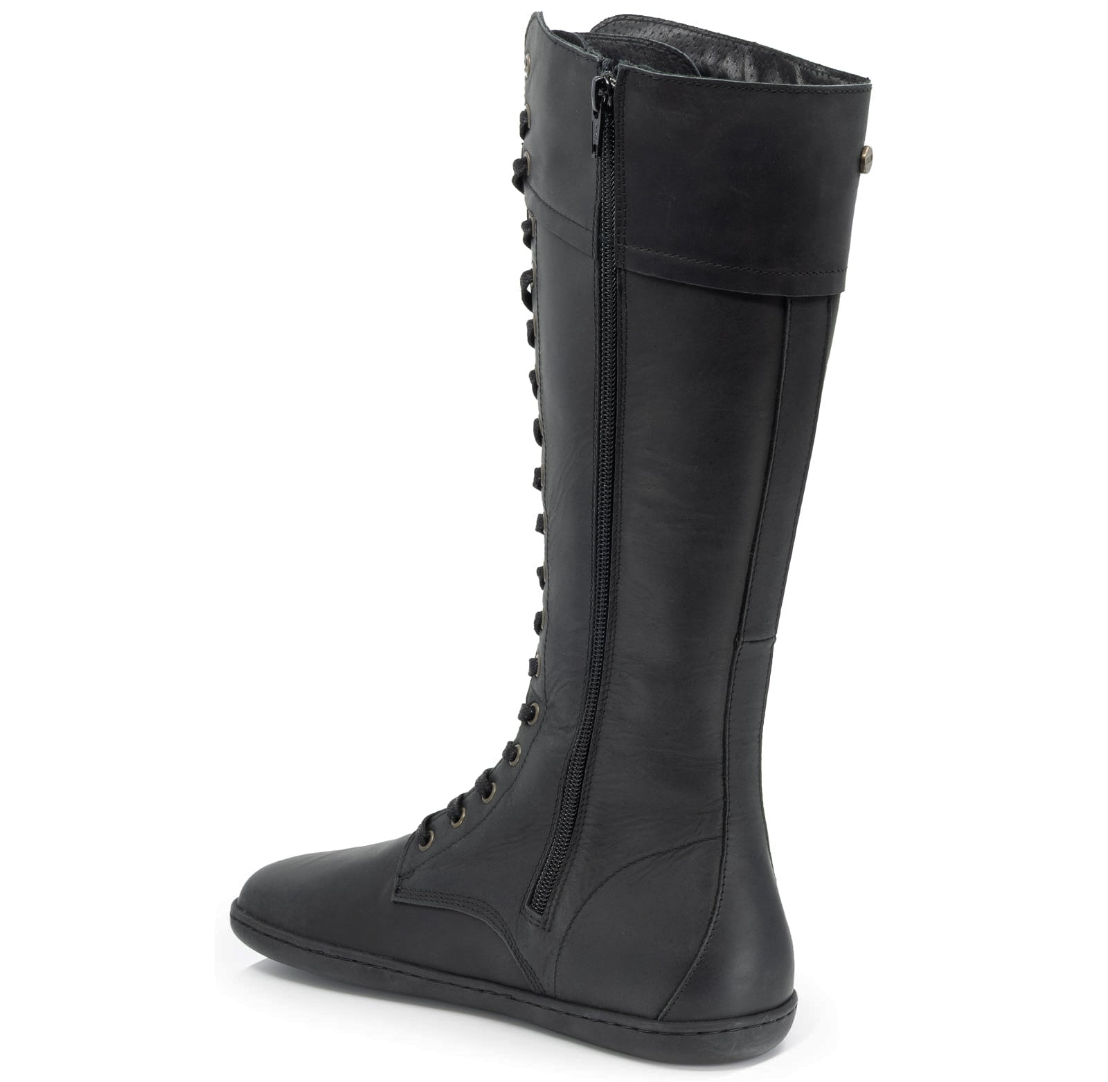 view of inside zip on tall black barefoot boots on white background