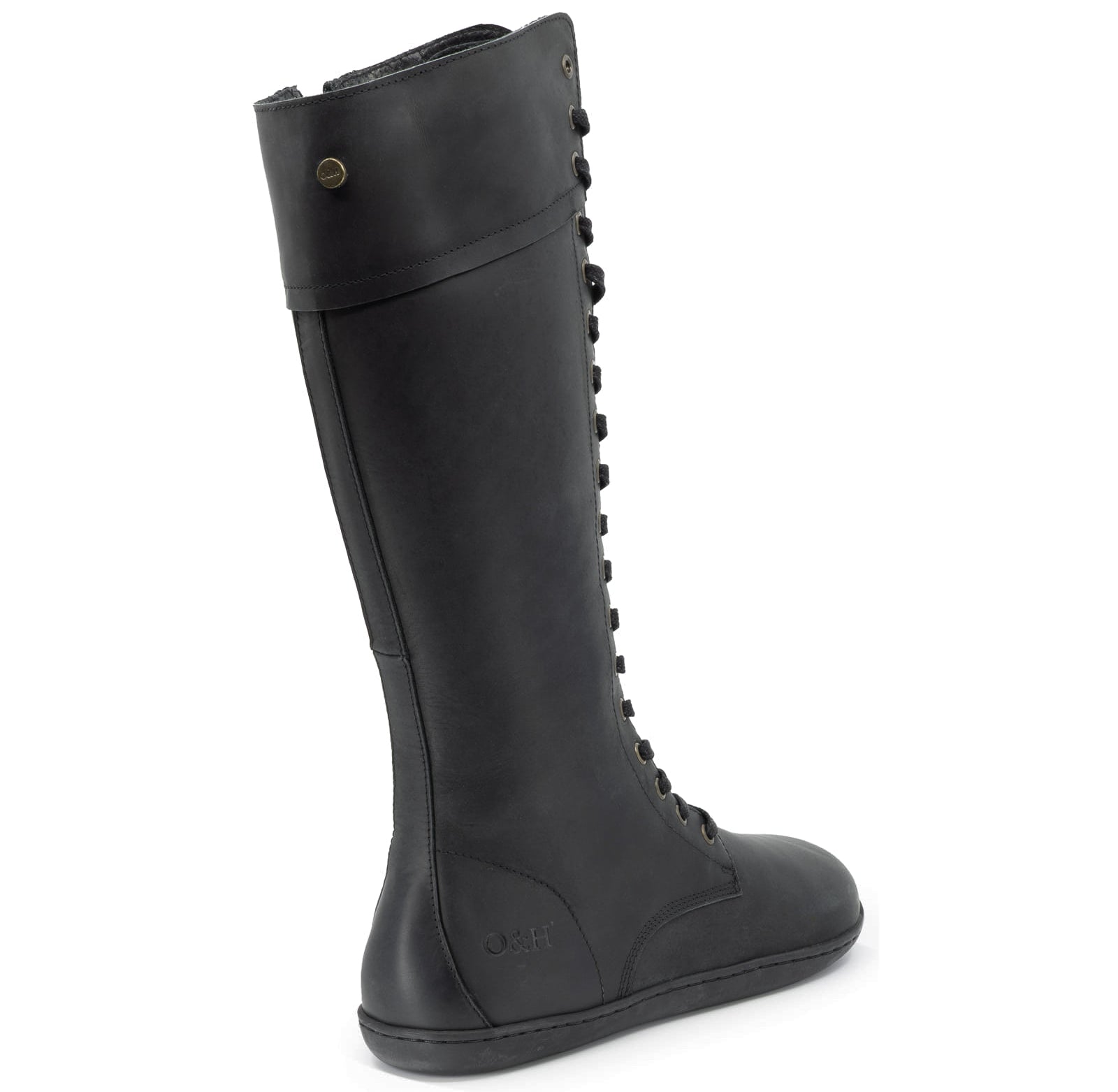 rear view of tall black barefoot boots showing leather upper on white background