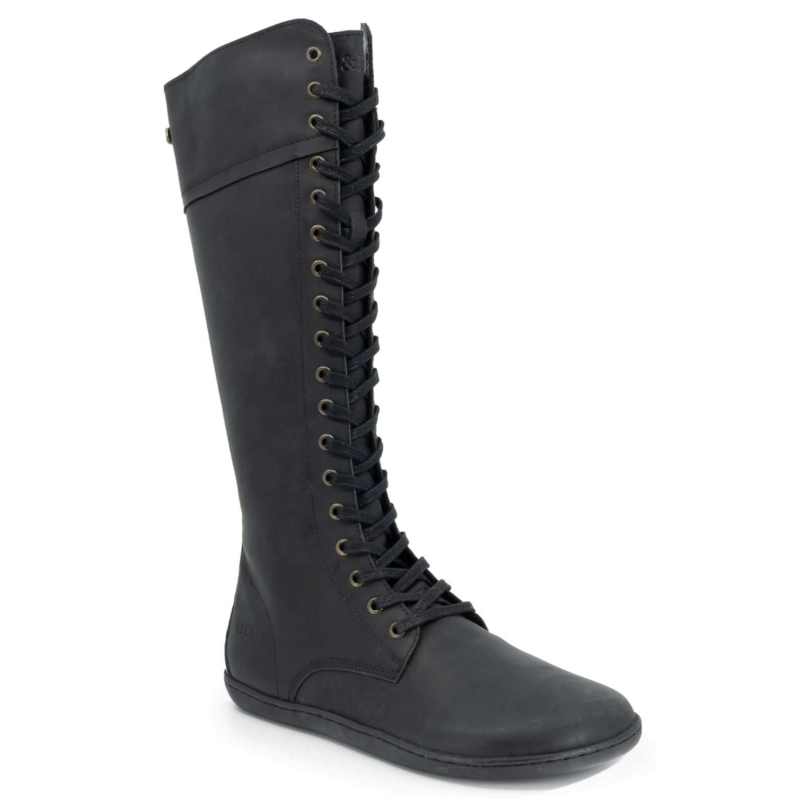 side view of black knee high barefoot boots on white background