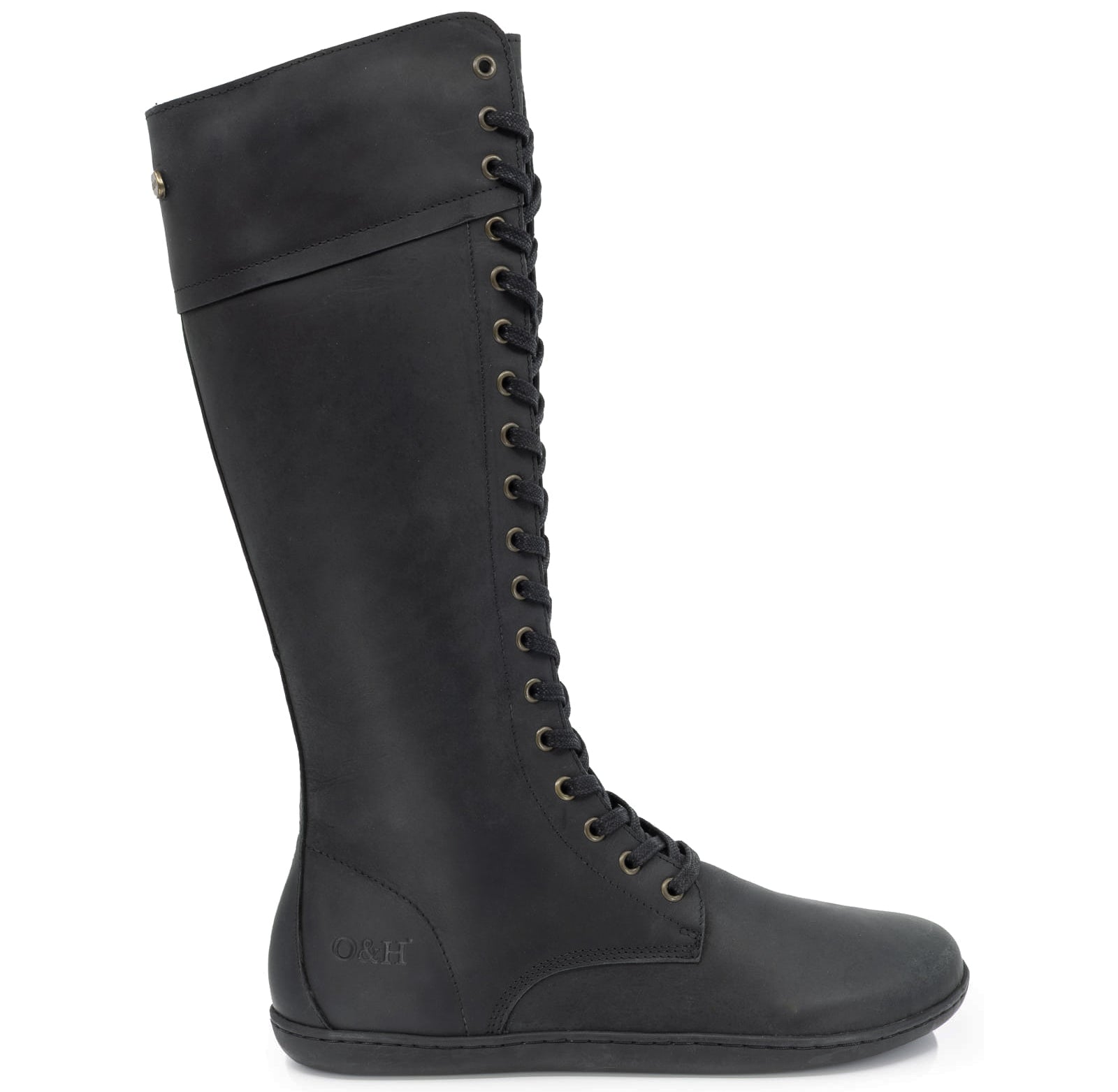 side view of tall lace up barefoot boots on white background