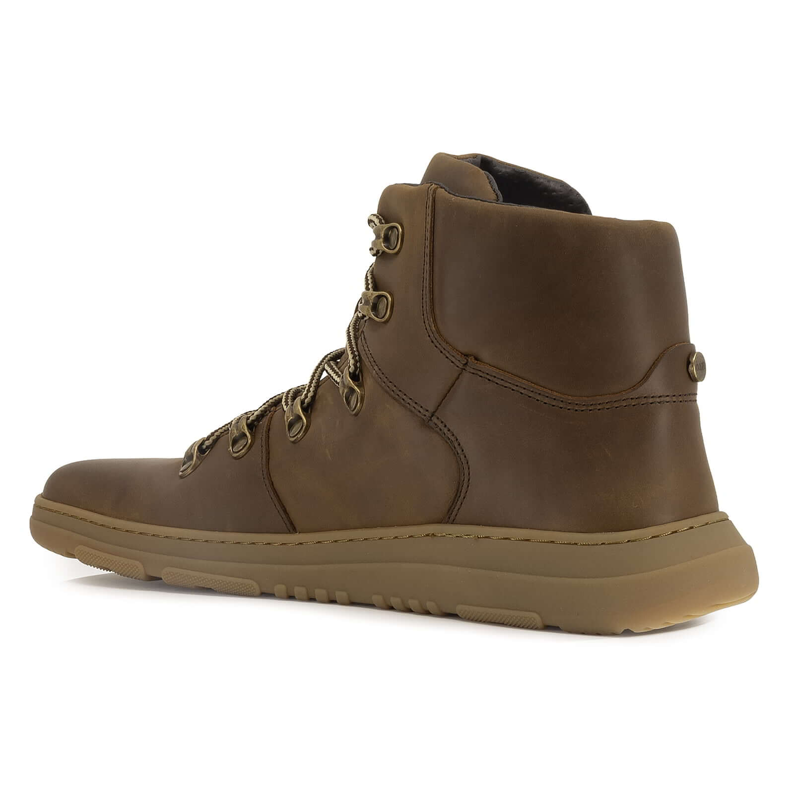 inside angled view of mens blackthorn barefoot walking boots showing O&H brass pin detail