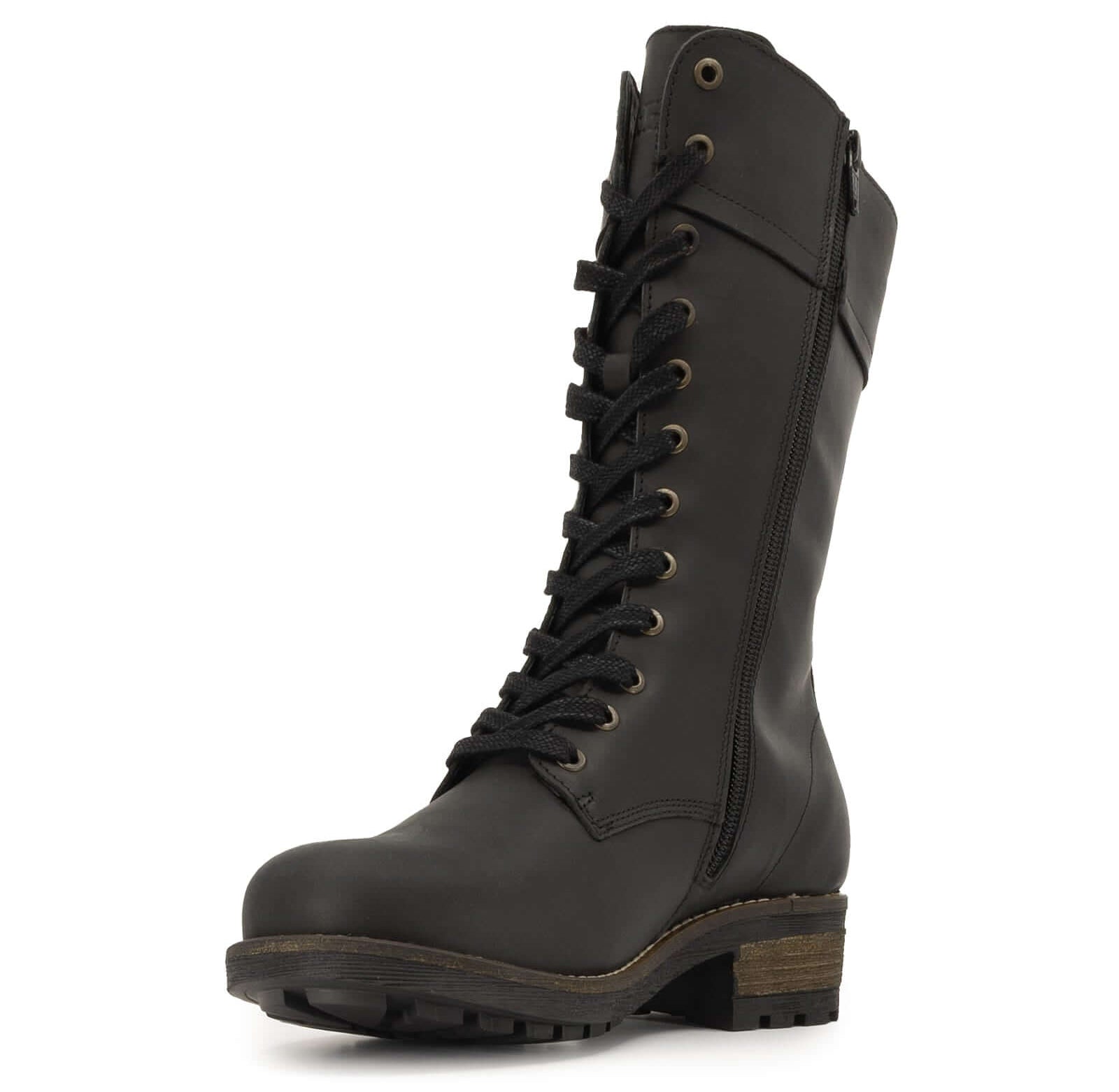 Three quarter angled view of black Bridge 12 military boots highlighting rounded toe and sole