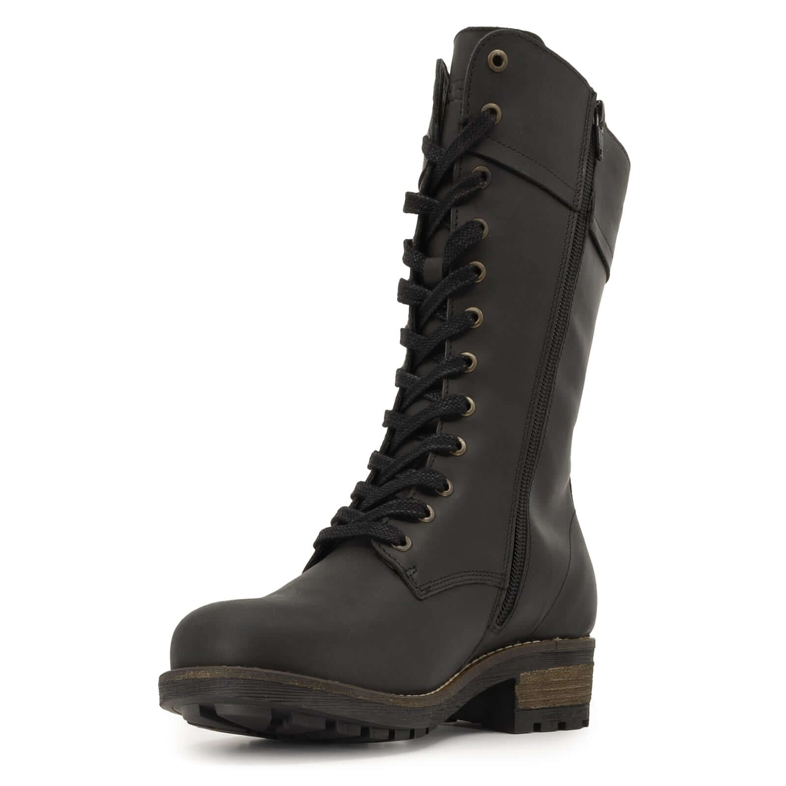 Three quarter angled view of black Bridge 12 military boots highlighting rounded toe and sole