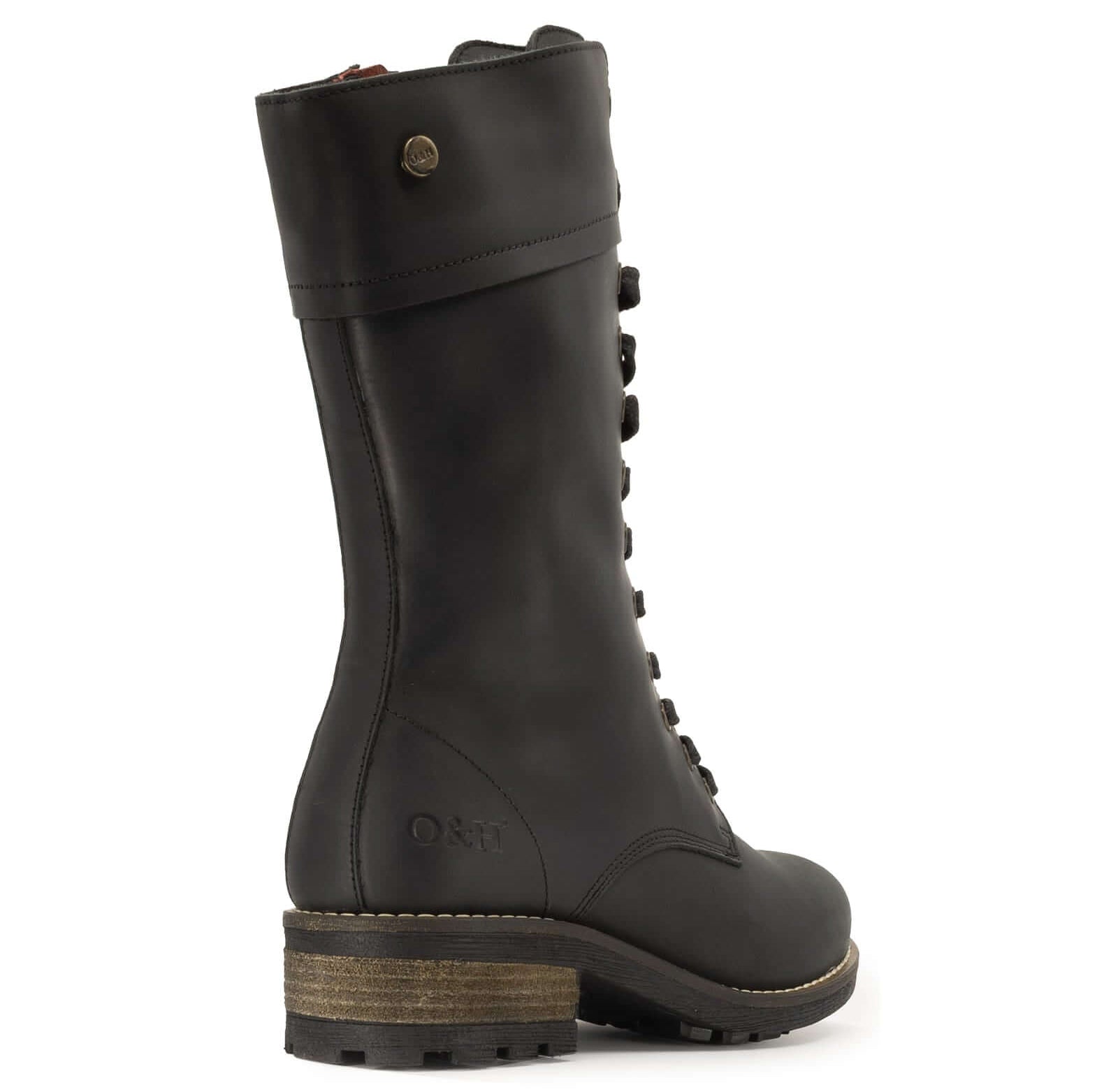 heel view of black bridge 12 boots showing O&H branding and block heel detail