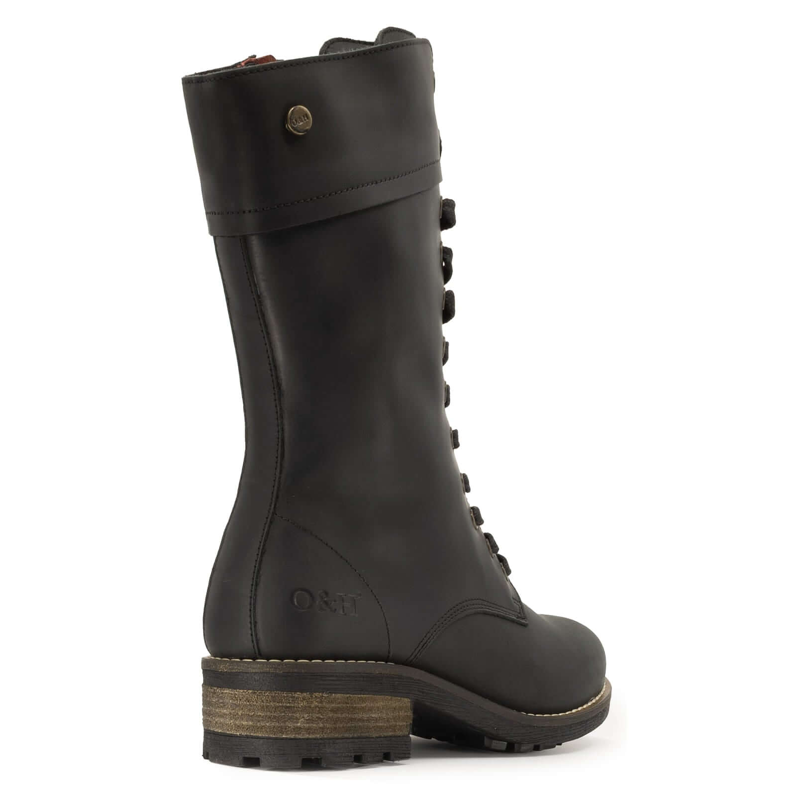 heel view of black bridge 12 boots showing O&H branding and block heel detail