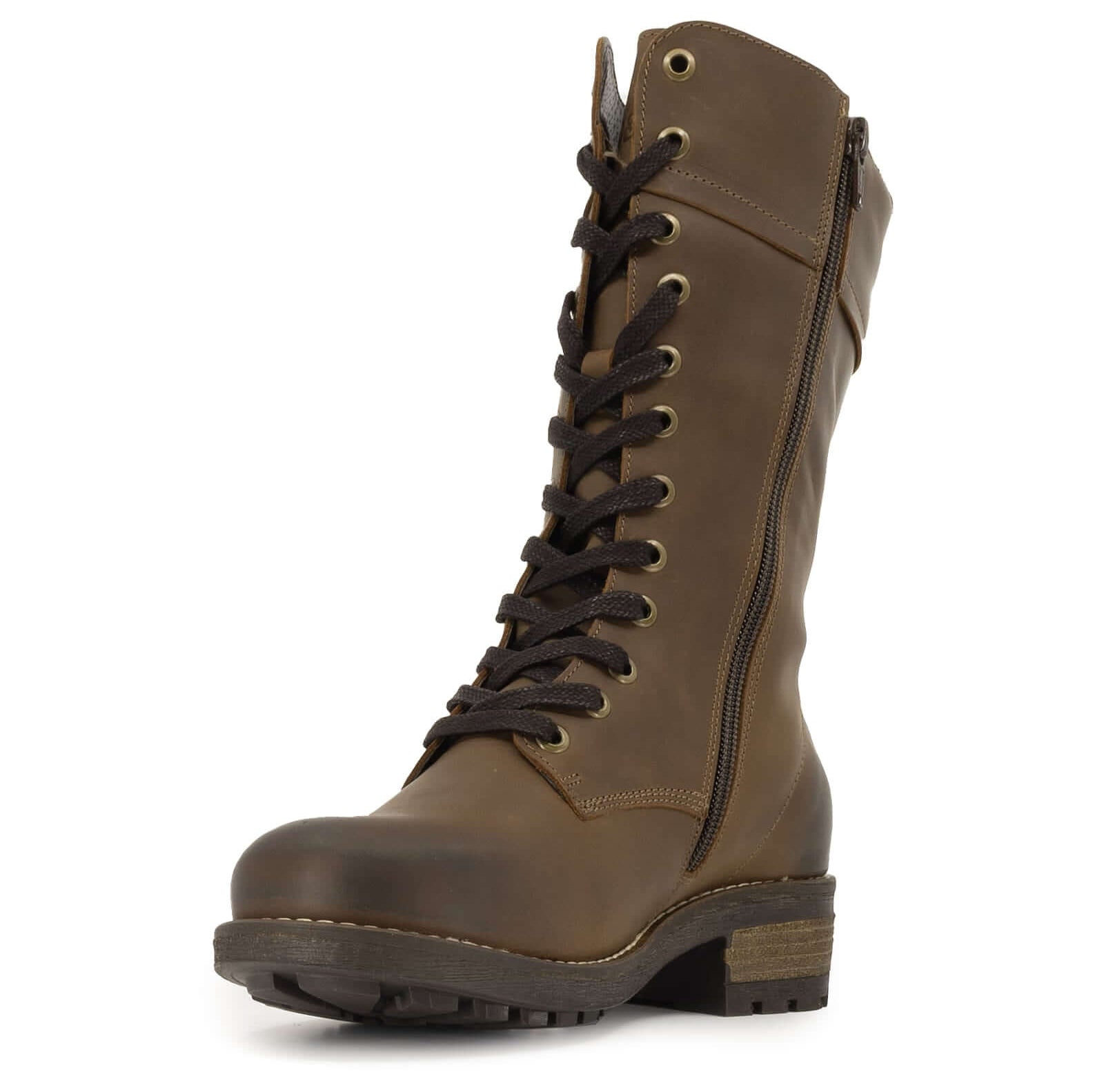 Full side view of dark brown Bridge 12 military boots showing mid-calf height