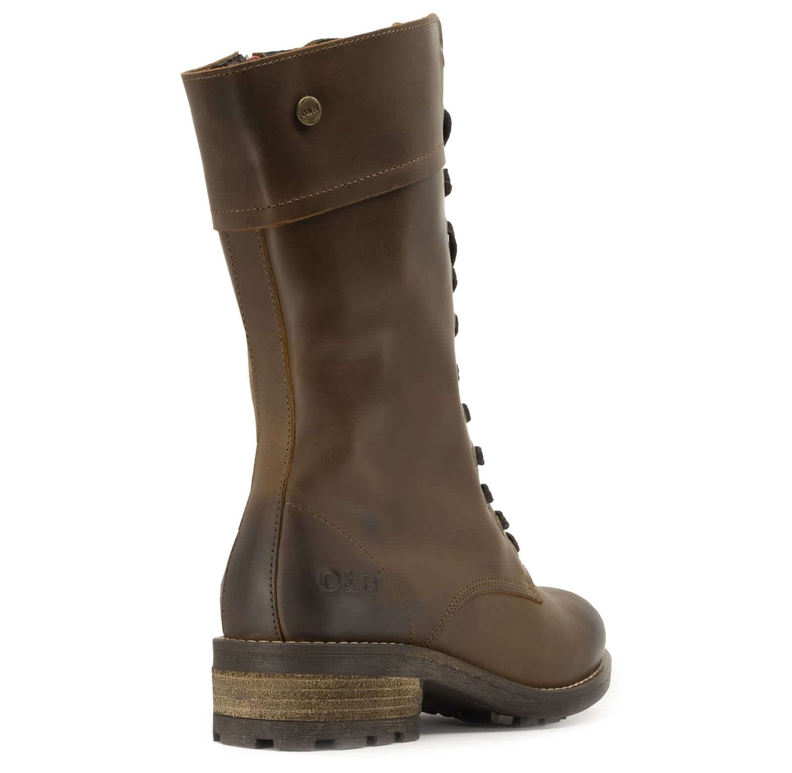 Rear view of dark brown Bridge 12 military boots highlighting heel construction