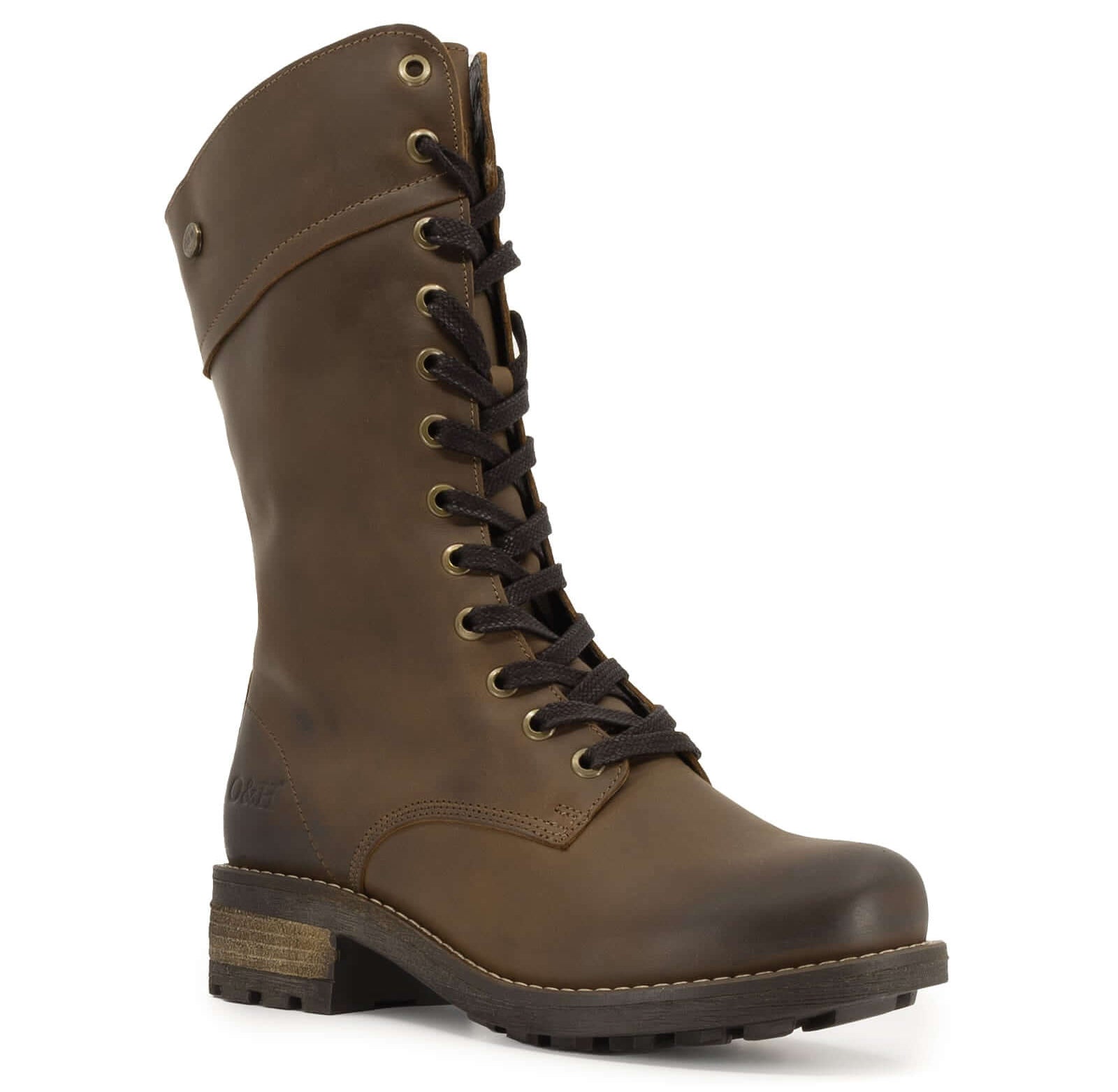 Side profile of dark brown Bridge 12 military boots showing lace-up fastening