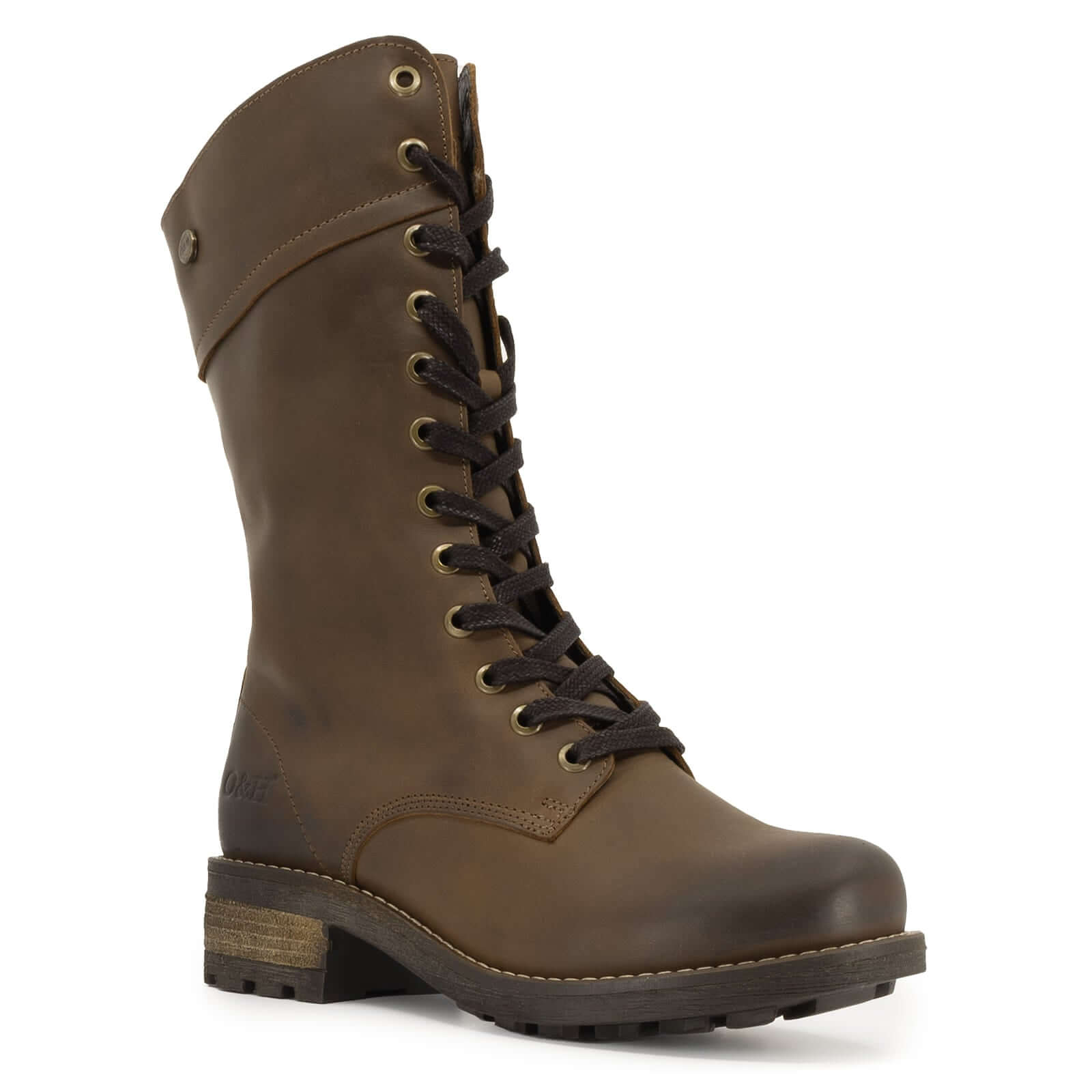 Side profile of dark brown Bridge 12 military boots showing lace-up fastening